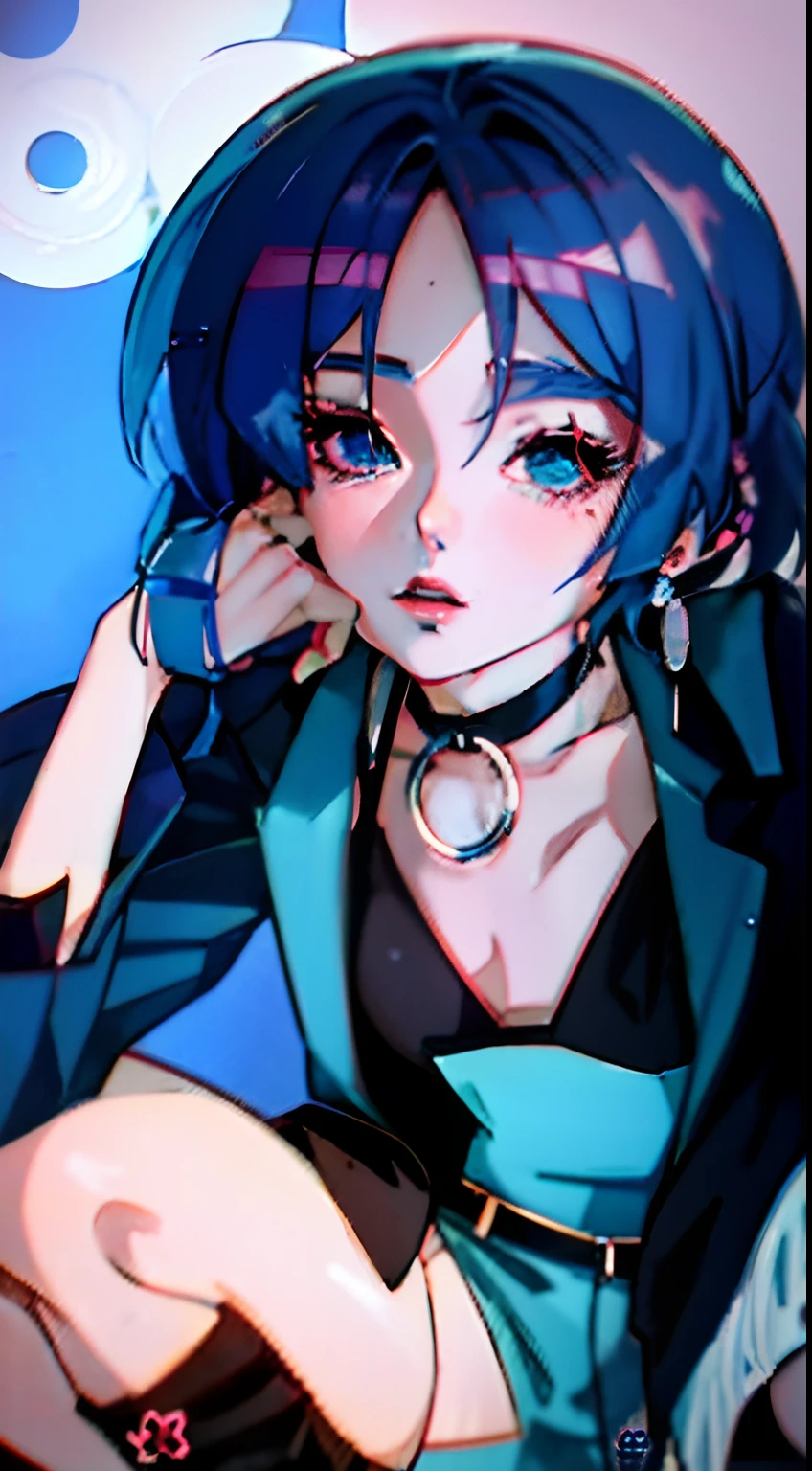 Anime girl with blue hair and black top sitting on the ground, 2 d anime style, anime moe art style, 2d anime, seductive anime girls, short blue haired woman, in the art style of 8 0 s anime, In anime style, in an anime style, anime style character, High Quality Anime Art Style, style of anime4 K, flat anime style shading