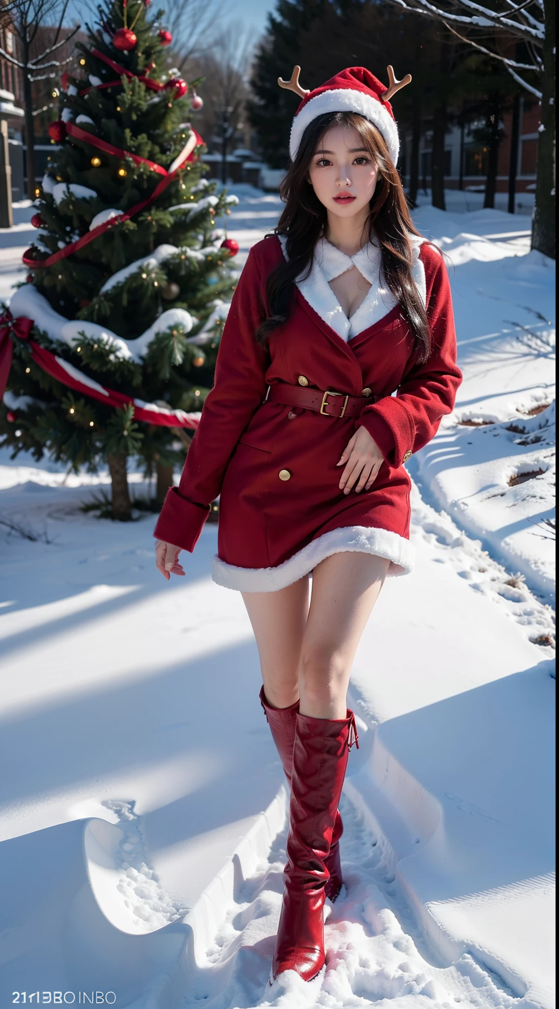 A woman in sexy costume poses in front of a Christmas tree, breast enhancement,reality,offcial art,8K quality,Super detail,fine detail skin,Movie Angle,cinematic textures,Masterpiece,Best picture quality,1 girl,Zhu lips,Messy hair,pantyshot,underbust,1girll,Whole body,White_Stockings,Lace,Long hair,upper legs,Lace,Wearing a red velvet coat , A girl in a red velvet jacket stands in the snow,Girl standing on snow,There is a huge Christmas tree in the snow,Christmas hat on the head,Christmas tree,The girl has antlers on her head, Christmas evening, christmas dress,Korean girl, 4k post, a wide full shot, tohsaka-rin,