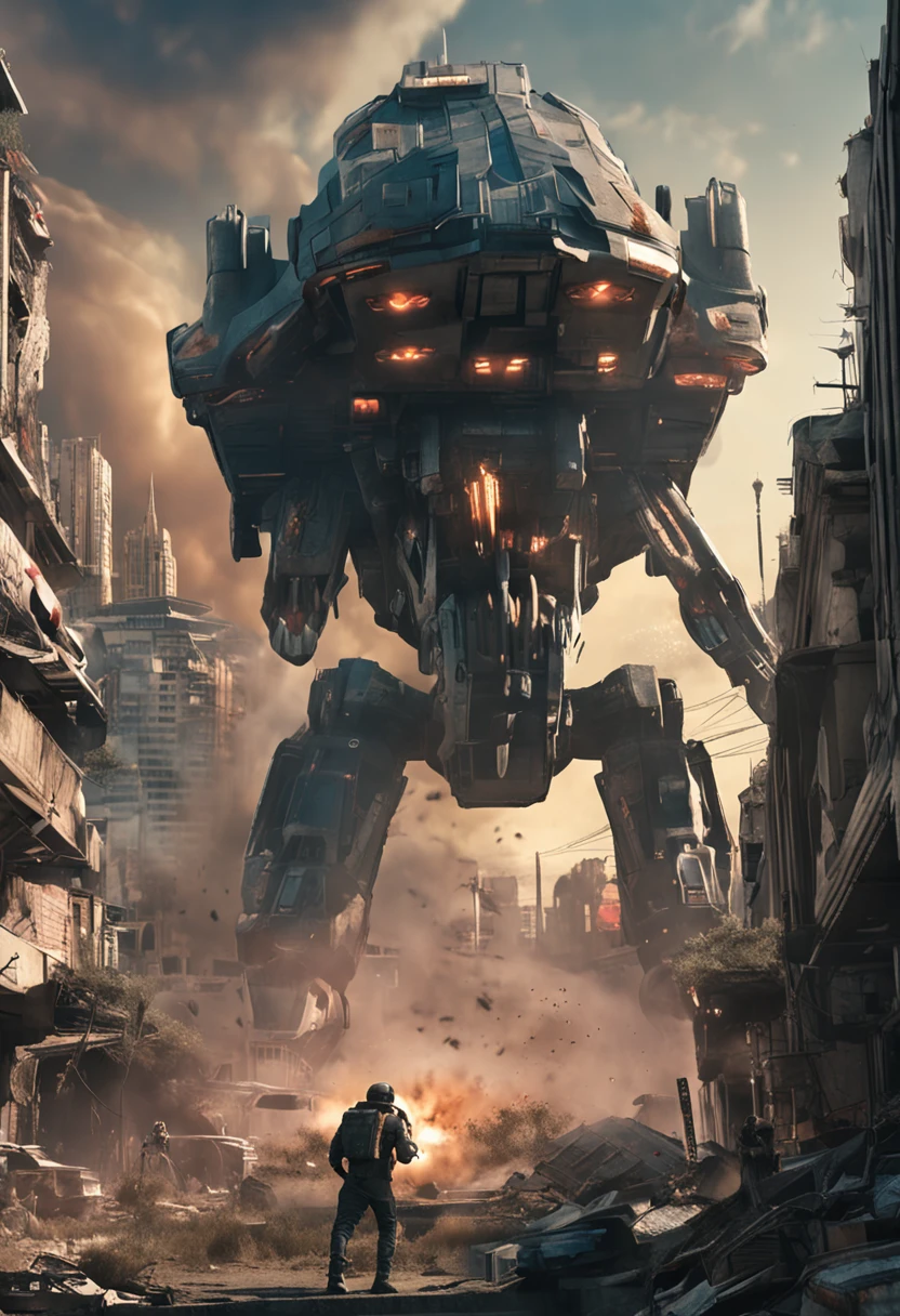 A city invaded by aliens,Dilapidated,A mech warrior carrying a machine gun stands on the top of a hill,Look at the city,Wanton destruction of alien ships,Large alien mothership hovering in the air,The battle of human warplanes against alien small fighters,smoke of gunpowder,blasts,super high image quality,8K