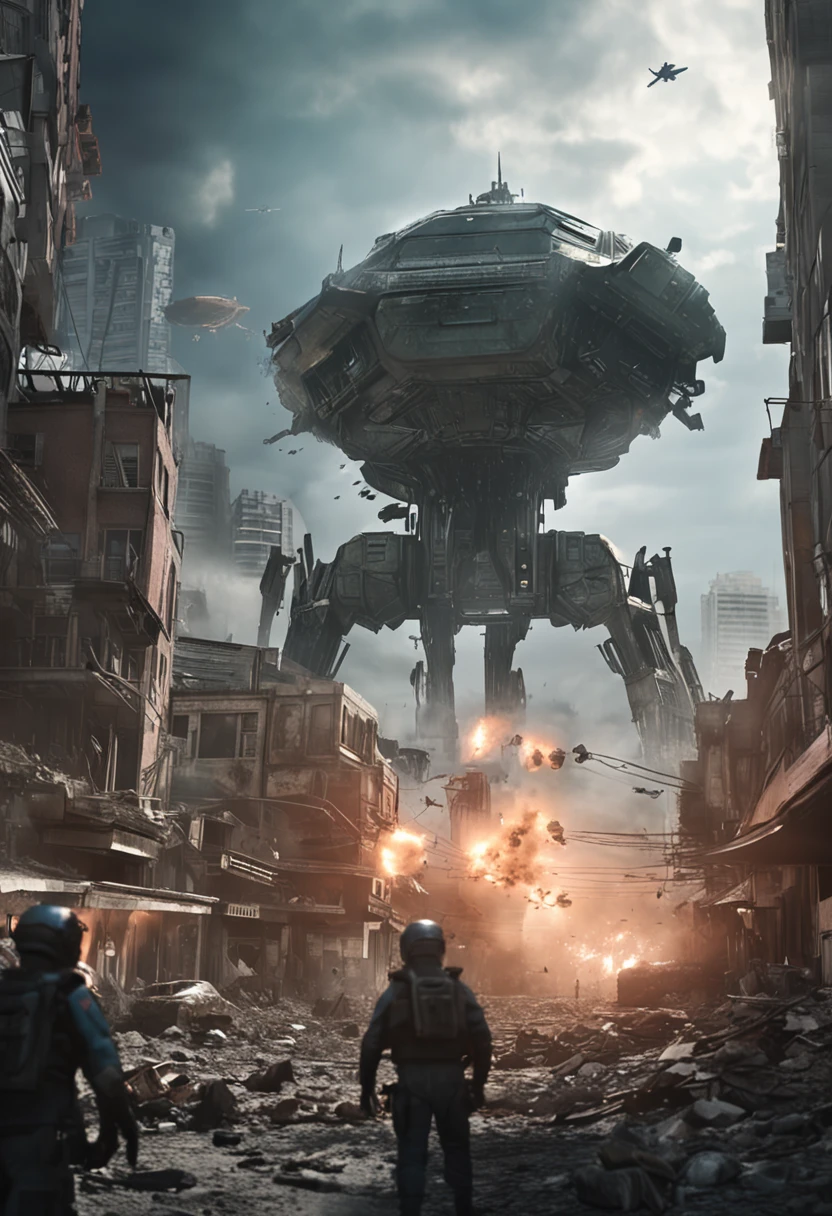 A city invaded by aliens，Dilapidated，A mech warrior carrying a machine gun stands on the top of a hill，Look at the city，Wanton destruction of alien ships，Large alien mothership hovering in the air，The battle of human warplanes against alien small fighters，smoke of gunpowder，blasts，super high image quality，8K