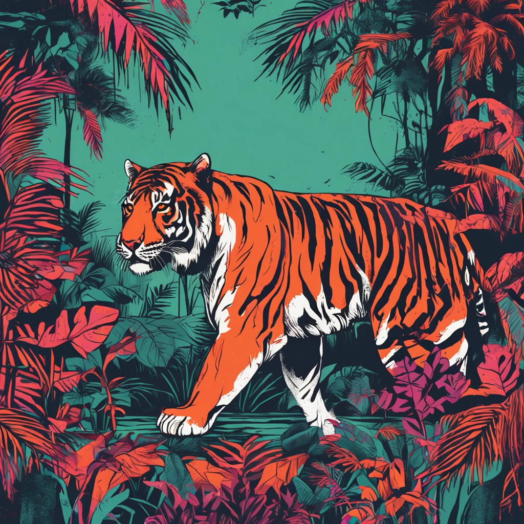 tigre americano en un ambiente entre selva y ciudad, tigre poderoso, un cuerpo formado con colores alucinantes, estilo warhol
