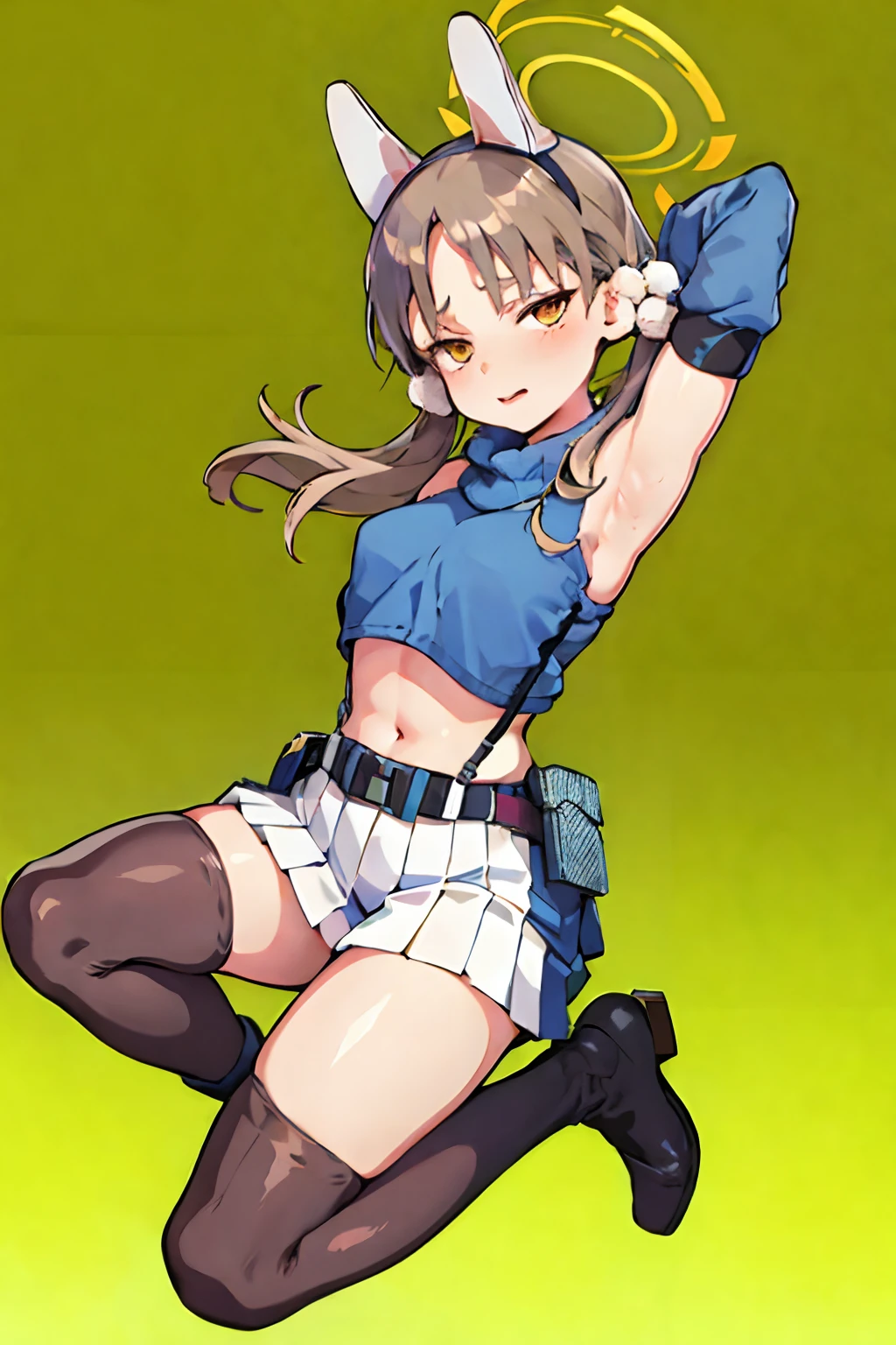 kazekuramoe, (nude), (presenting armpit), (detached sleeves), Knee High Sock, (simple background)