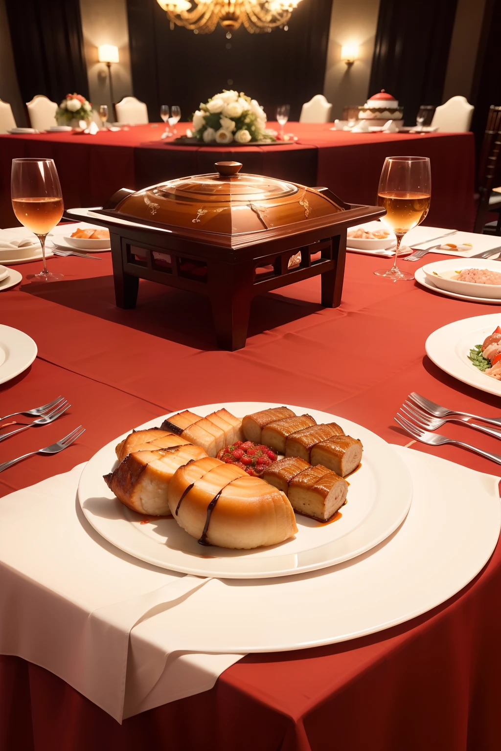 The theme is the banquet table There are many delicacies on the red tablecloth,There are seafood, roast duck, stir-fried,There were many guests sitting around, and in the distance, the newlyweds were exchanging rings