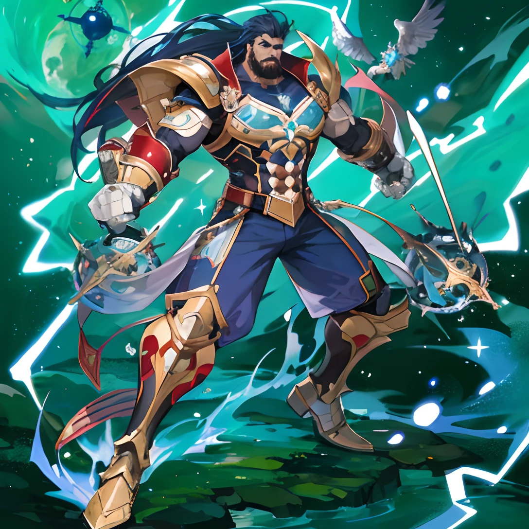 a cartoon image of a man with a gun in his hand, Ciborgue morto-vivo masculino musculoso, muscular eldritch clockwork, male djinn man demon hybrid, eldritch muscular colorido, espantalho masculino poderoso, as an ugly titan, manly monster tough guy, wario as the armored titan, an epic anime of a energy man, Retrato completo de Electromancer. galaxy background, outer space, muitas estrelas
