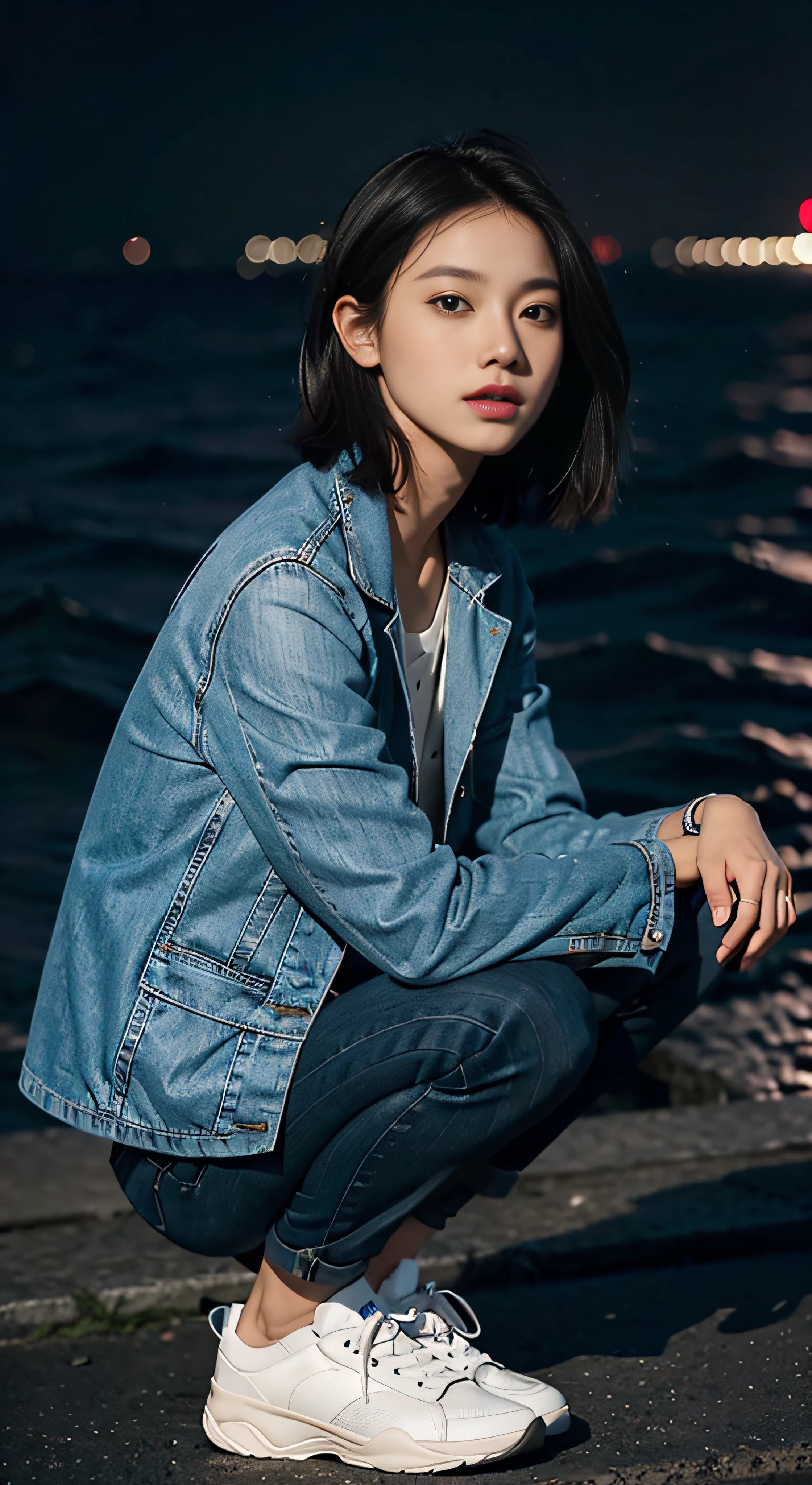 ((smallunderboob,Tomboyish,small heads)), (Well-defined abs: 1.1), (perfect bodies: 1.1), (short-length straighthair: 1.2), Black hair, upper body photos, attractive collarbone，nabel，（极其细致的CG 8k壁纸），（Extremely refined and beautiful），（tmasterpiece），（best qualtiy：1.0），（超高分辨率：1.0），beautiful light up，Perfect lightning，realistic shaded，[A high resolution]，Smooth and flawless fair skin，ultra - detailed ，Elongated legs，flatchest，Slim，emaciated，during night，Dim light，Squat，Ocean blue cloth jacket，Blue and white horizontal striped vest，Ocean blue trousers，Black cloth shoes