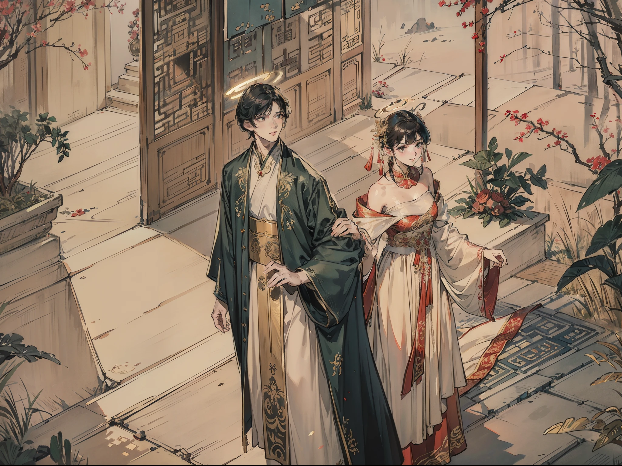 ( 8K, dynamic action, pale washed out style, Dreamy nostalgia, soft focus, dark halo, light leaks, Medium photography, Coarse grain photos, tmasterpiece, top-quality, 8K, realisticlying, Very dense CG, shiny skins,)A couple,Wedding scene,half-body portrait,Weddings,ornate garment,Chinese elements,macro photography,