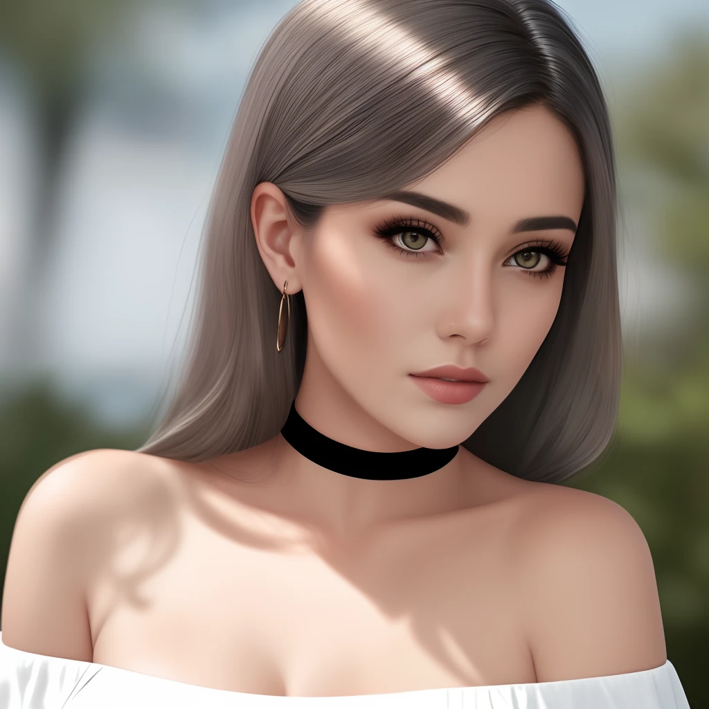 best quality, ultra high res, (photorealistic:1.4), 1girl, off-shoulder white shirt, black tight skirt, black choker, (faded ash gray hair:1), (large breasts:1.2), looking at viewer, closeup