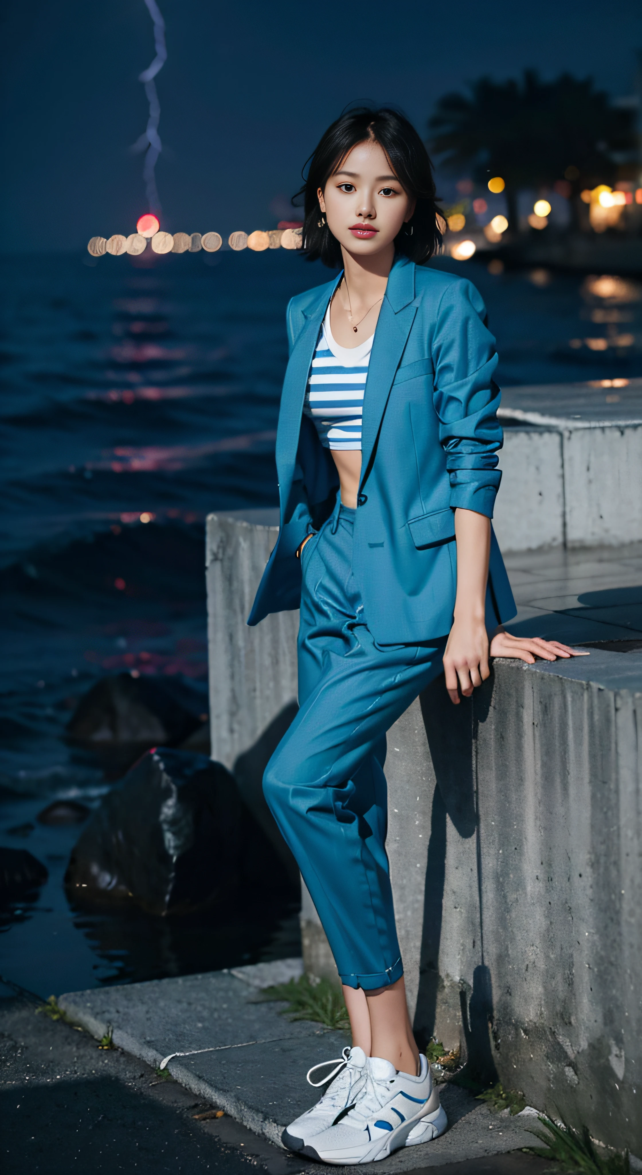 ((smallunderboob,Tomboyish,small heads)), (Well-defined abs: 1.1), (perfect bodies: 1.1), (short-length straighthair: 1.2), Black hair, upper body photos, attractive collarbone，nabel，（极其细致的CG 8k壁纸），（Extremely refined and beautiful），（tmasterpiece），（best qualtiy：1.0），（超高分辨率：1.0），beautiful light up，Perfect lightning，realistic shaded，[A high resolution]，Smooth and flawless fair skin，ultra - detailed ，Elongated legs，flatchest，Slim，emaciated，during night，Dim light，Squat，Ocean blue cloth jacket，Blue and white horizontal striped vest，Ocean blue trousers，Black cloth shoes