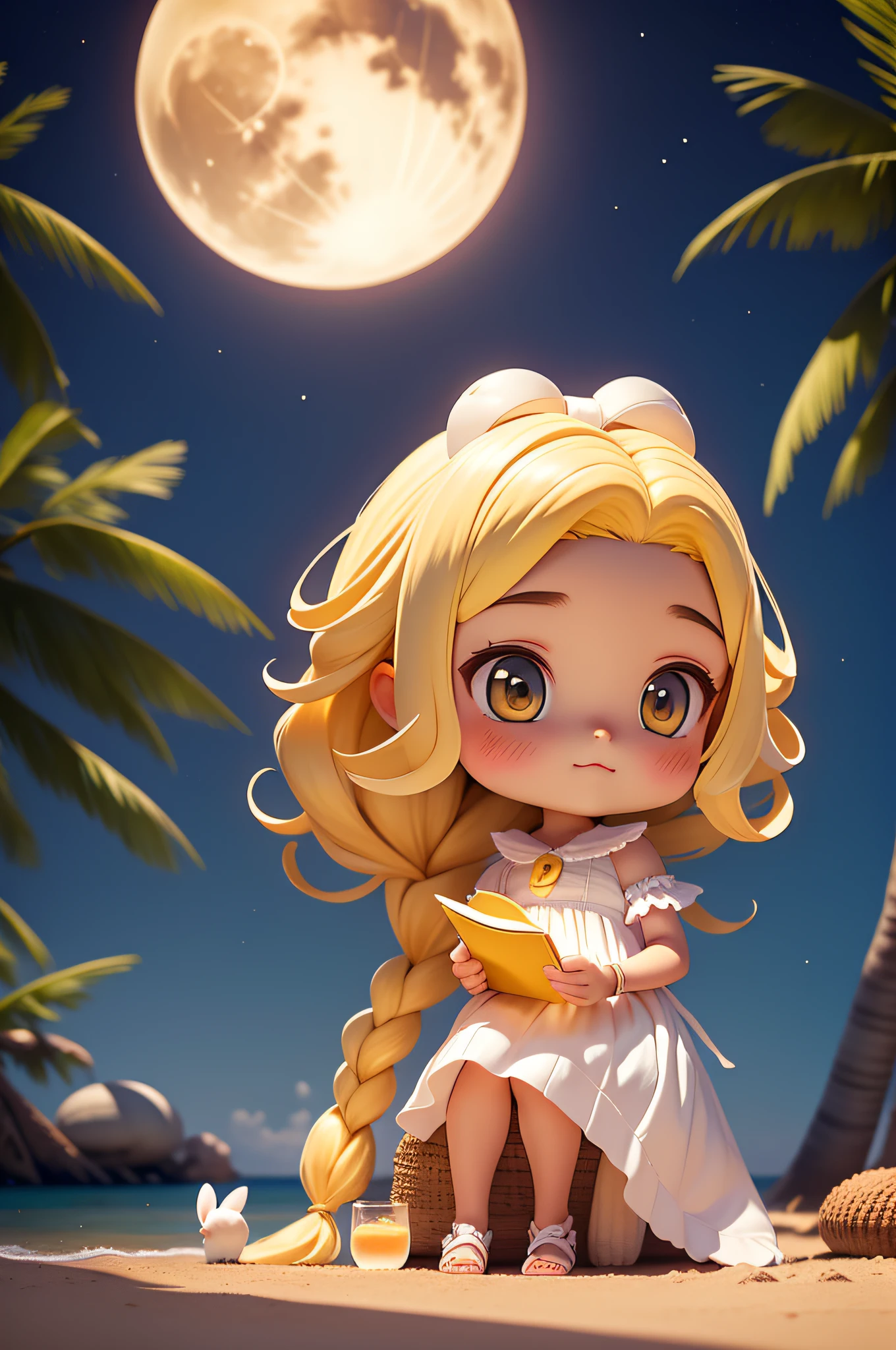 tmasterpiece, best qualityer, ****ung girl, long whitr hair，Yellow hair，white dresses，A couple of cute rabbits，sandbeach，Sit and read，the night，There is 1 super-large Full Moon in the sky，coconut palms，pixar-style，Disney  style，