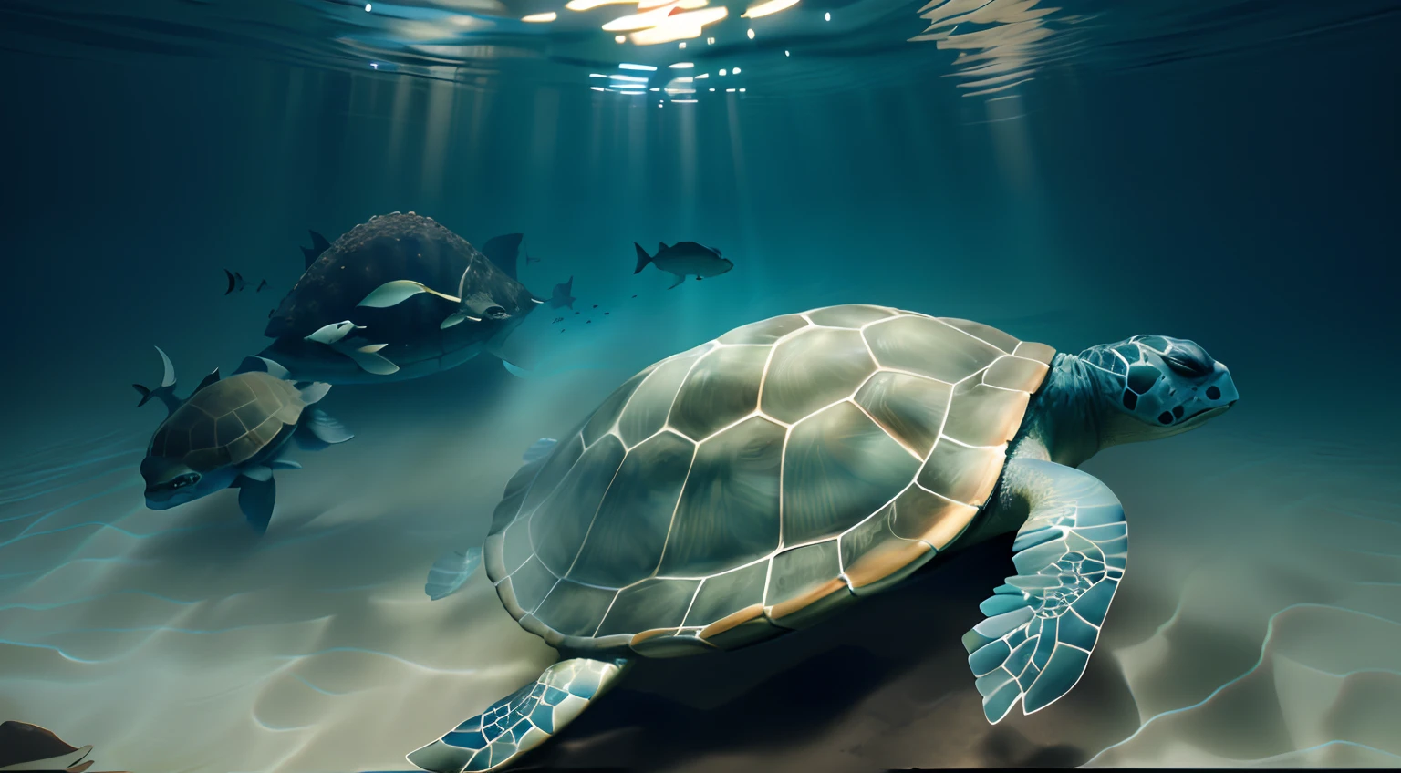 There was one swimming in the water with a school of fish, great leviathan turtle, A WORLD, turtle, Turtlen, Realistic illustration, transparent carapace, photorealistic illustration, stylized as a 3d render, Ultra-Realistic Illustrations, depicted as a 3 d render, Ultra-Realistic Illustrations, Large tortoise shell, true realistic image,Ray traching