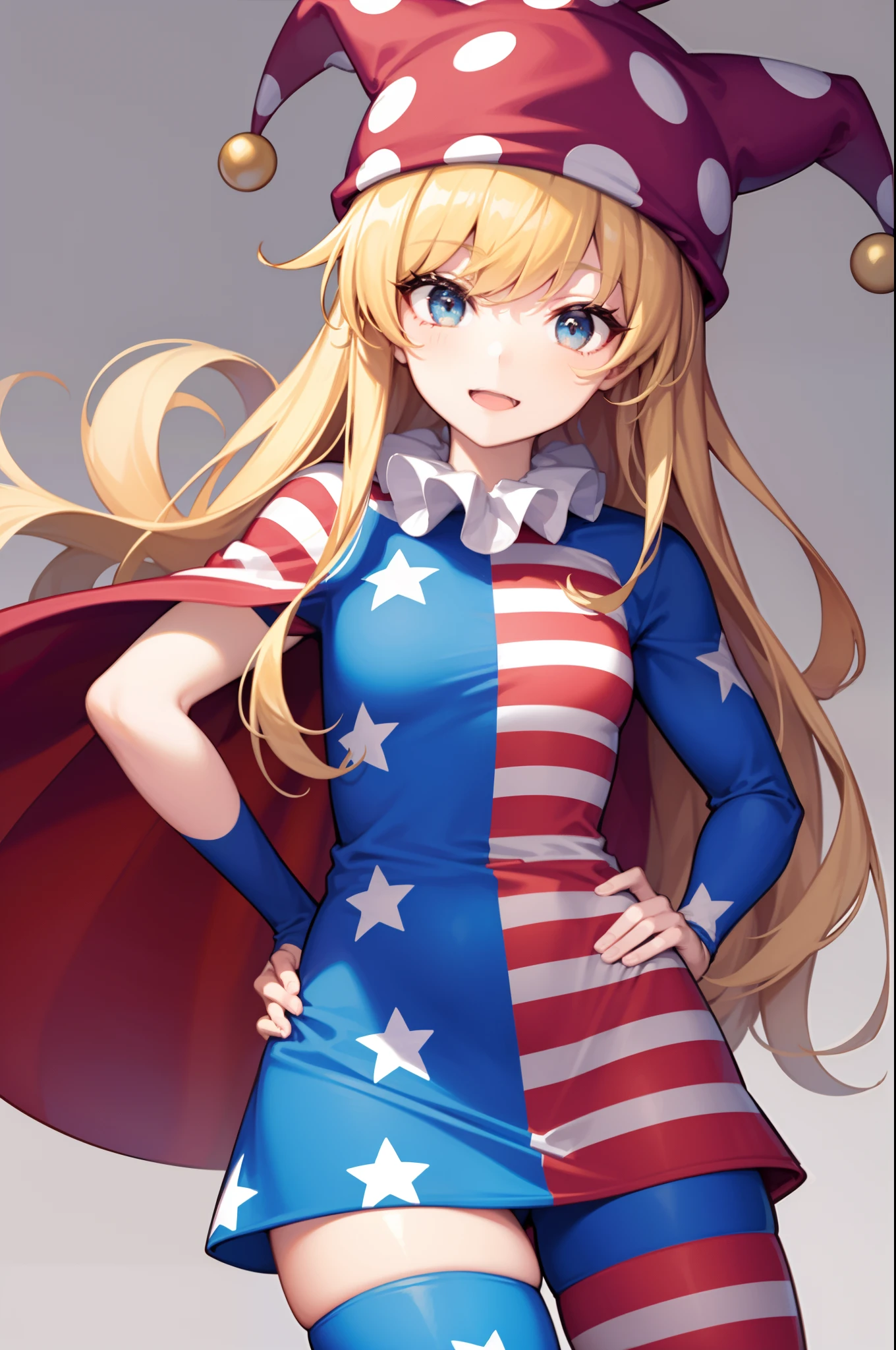 2girls, american_flag, american_flag_dress, american_flag_legwear, american_flag_print, belt, black_cape, blonde_hair, blue_eyes, cape, hat, jester_cap, long_hair, looking_at_viewer, mask, multiple_girls, neck_ruff, open_mouth, smile, star_(symbol), star_hair_ornament, star_print, striped, striped_legwear, superhero, thighhighs, wand, clownpiece