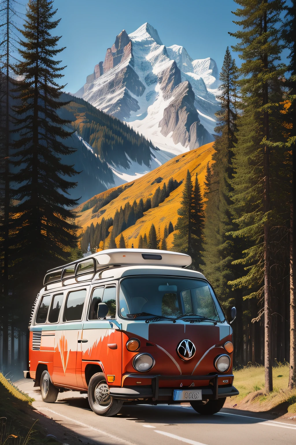 Vector t-shirt art ready to print colorful graffiti illustration of red volkswagen kombi, Swiss Alps, Tall trees, Summer,