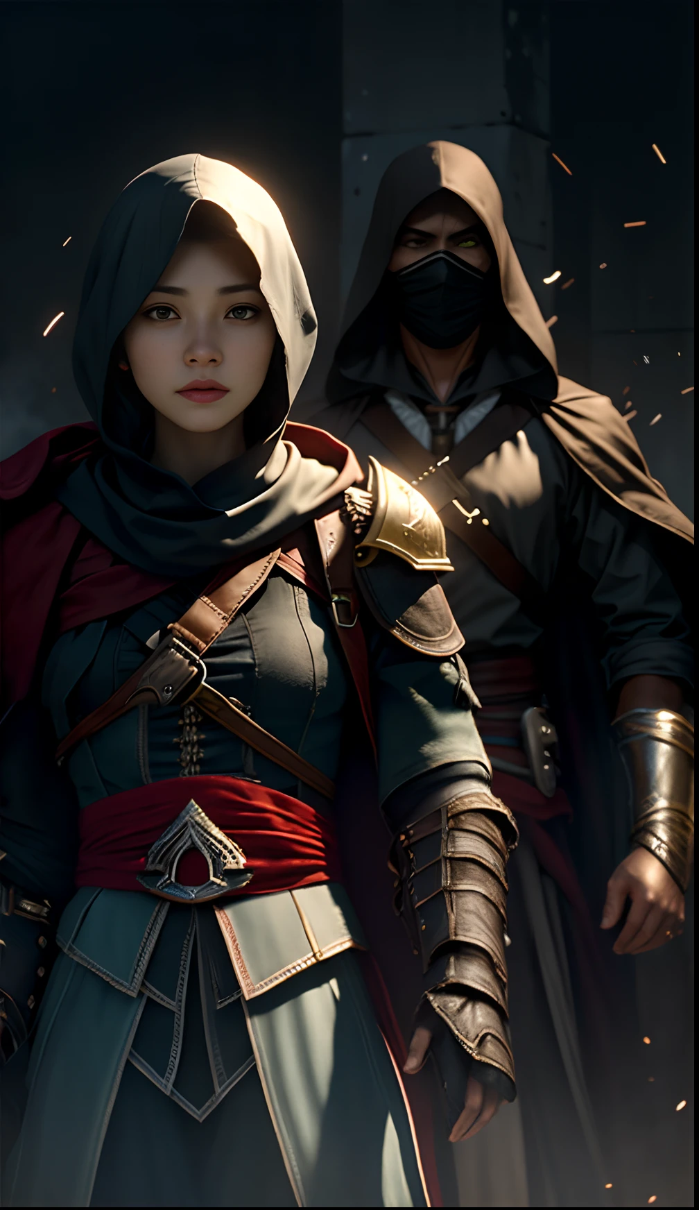 Assassin's Creed is a game full of personality, Artgerm and Atey Ghailan, medium shot of two characters, ruan jia and artgerm, stephen lau and artgerm, Rendu portrait 8k, ross tran and bayard wu, Art germ ; 3d unreal engine, Unreal 5. RPG portrait, wlop and ross thran