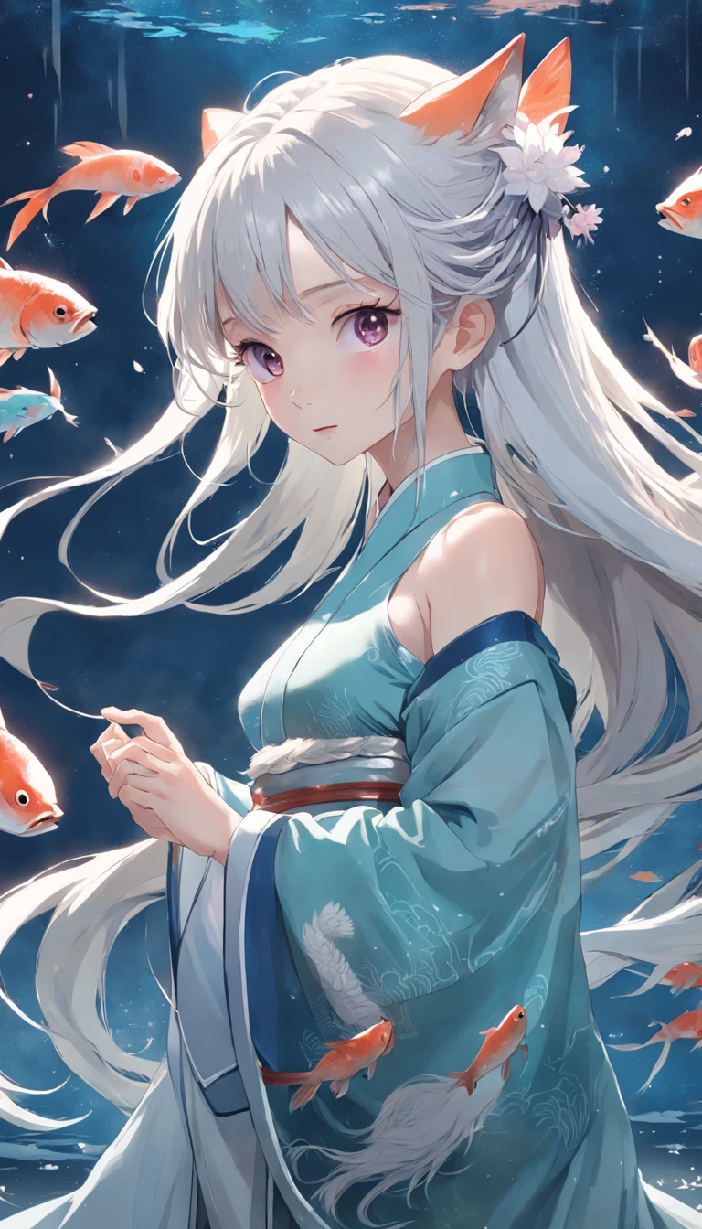 Traditional chinese painting, lotuses, Hanfu, maxiskit, dress conservatively 1 girl, 独奏, whaite hair, long whitr hair, fox ear, white colors, The fish, Many fish are close to the girl, looking at viewert, Titillating,rays of moonlight,starrysky