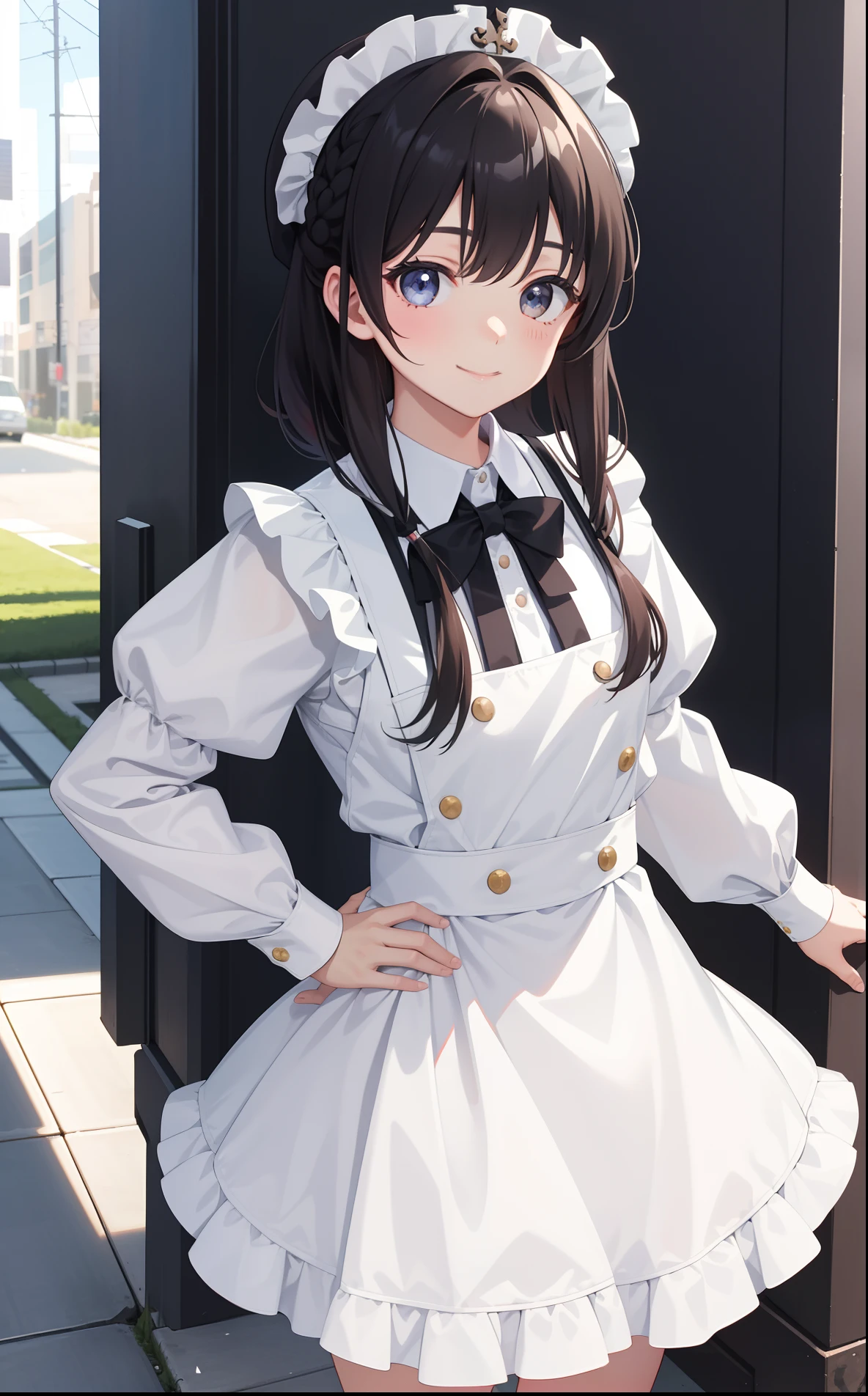 1girl in、AS-Adult、A smile、A delightful! The shirt、skirt by the、(small tits)pinafore、doress、hair adornments、(Maids)、Spring breeze、
