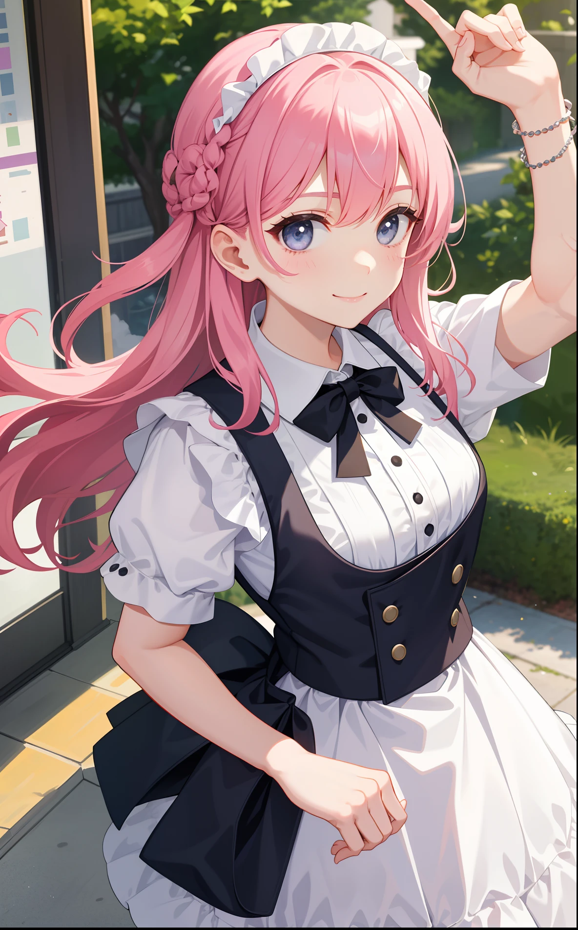 1girl in、AS-Adult、A smile、A delightful! The shirt、skirt by the、(small tits)pinafore、doress、hair adornments、(Maids)、Spring breeze、