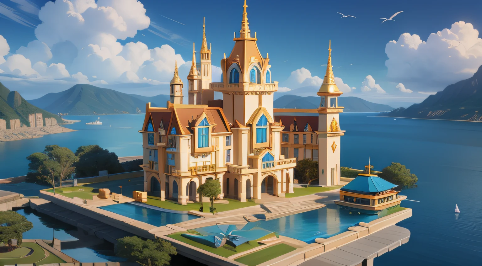 Waterfront architecture, tabletop model buildings,Autonomous architecture， Golden villa, an extremely detailed building, high detal,  fantasy house， Isometric house, Animation style，Heads-up view，Disney  style，