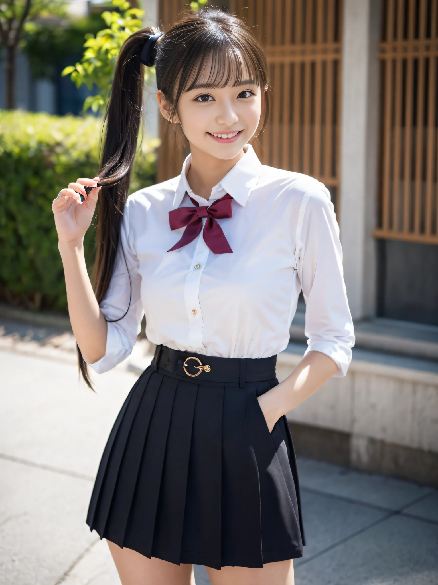 masutepiece, Photorealistic, detail, Beautiful black hair、(high-position ponytail hair:1.2),Aligned bangs、Glamorous,Super beauty、Appeal、looking happy smile、well-styled、((8K, Raw photo)), Japan High School School Uniform、a miniskirt、Staring at the viewer　Frontal shot