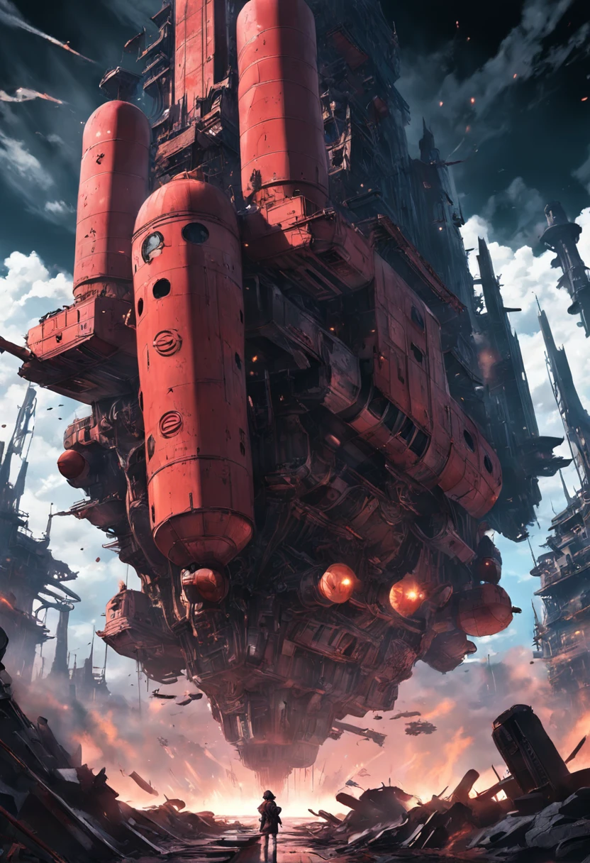 A wasteland-style spaceship，Explode in the air，The engine smoked black，  - The ship is surrounded by a group of small red wasteland-style flying machines，The background is an abandoned ancient city，Towering industrial towers are everywhere and there is some withered vegetation，  - Stormy sweeping，Mist light，low-saturation，Cinema lenses