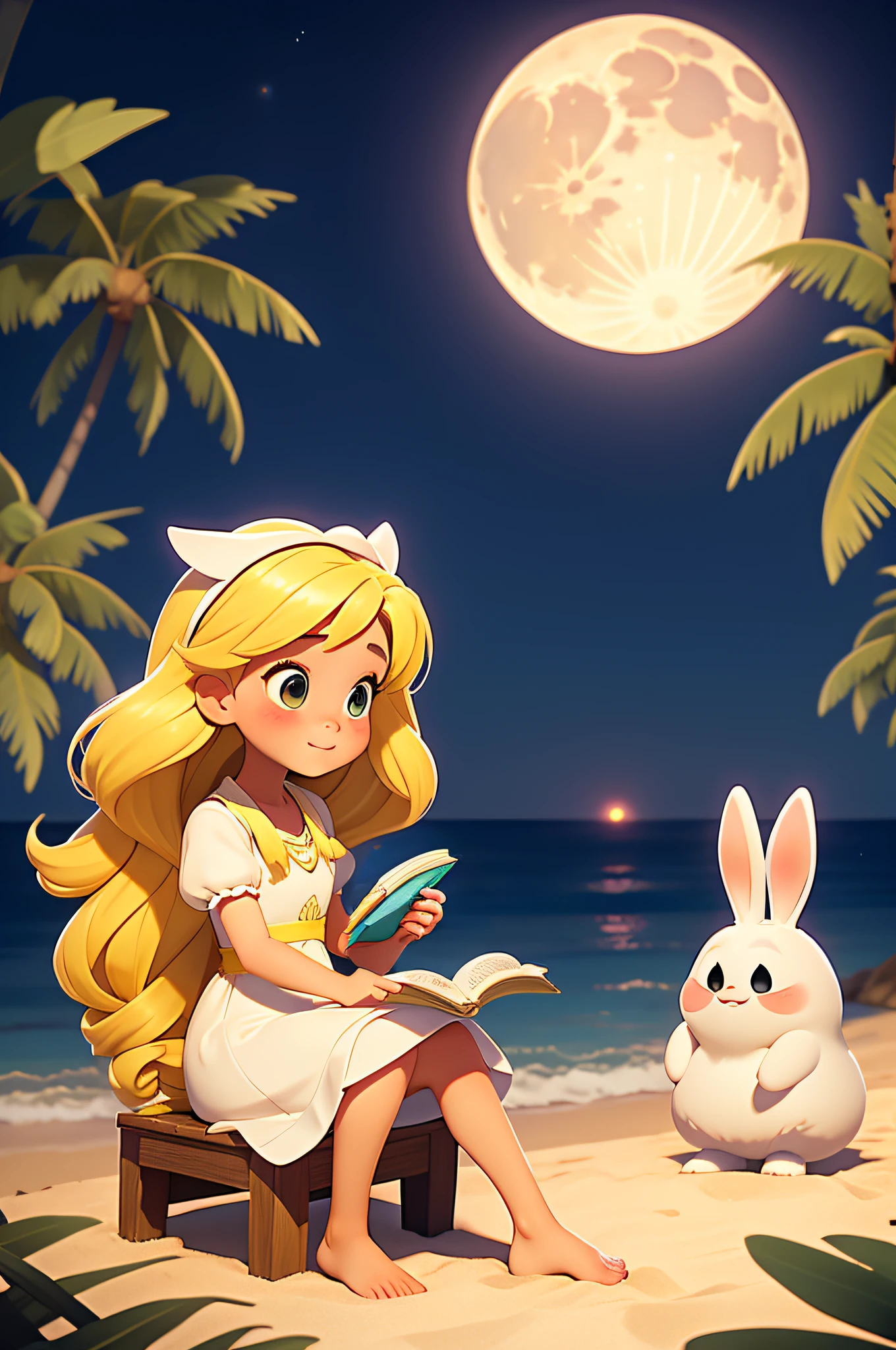 Cartoon girl sitting on bench reading with rabbit, lovely art style, Splash art anime Loli, Cute detailed digital art, Digital anime illustration, Loli, lovely digital painting, Loish et WLOP, Anime fantasy illustration, Fantasy art style, adorable digital art, Bunny Girl, cute artwork, trending on cgstation, Stylized anime