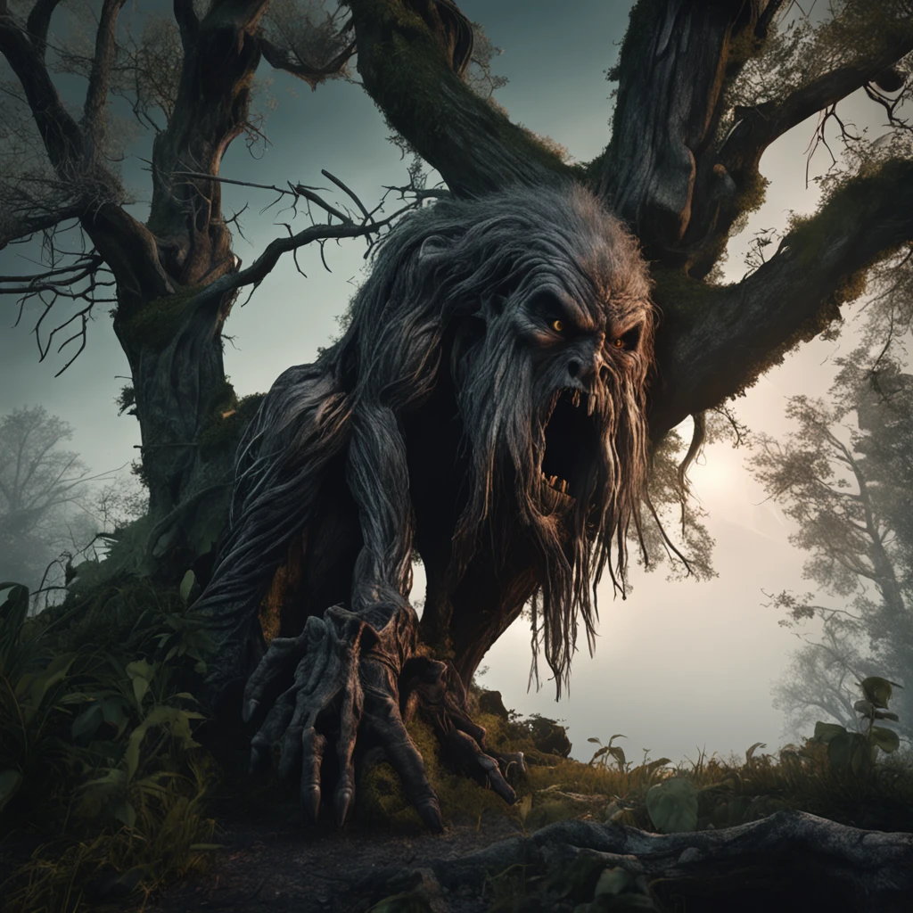 scary giant tree-dwelling creature smoking a cigarette at night, body: robust, hairy, and muscular, texture: aged bark, head: long gray hair, body color: black, eye color: green, fingers: long and hardened claws, location: leans back against an old tree while smoking cigarette, action: smoking cigarette, atmosphere: drenched in shadows, color: deep and rich dark tones, perspective: lower angle, emotions: unease, fascination, resolution: high resolution, cinematic, hyper-realistic, detailed.