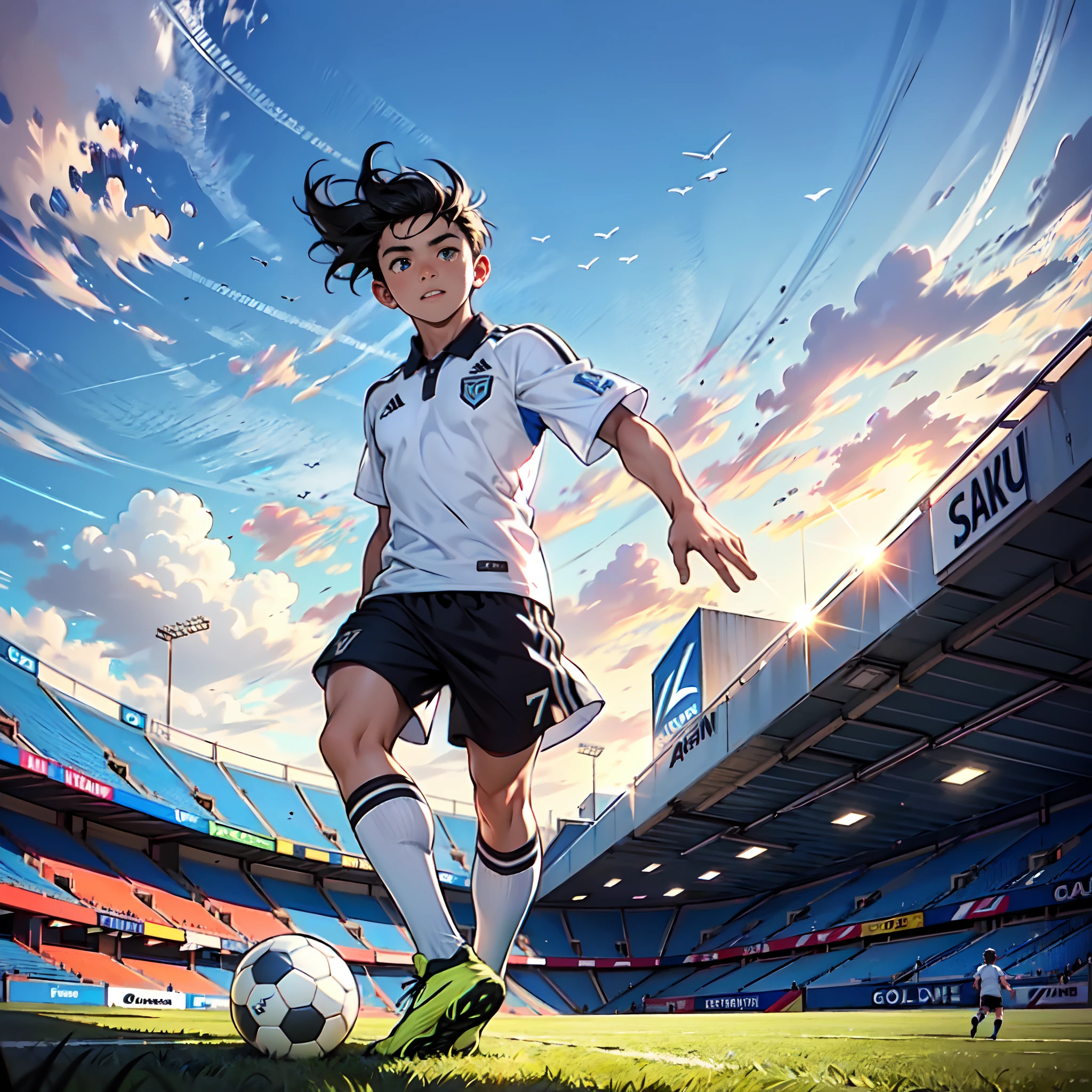 A boy playing soccer with black and blue Jersey and white shorts,number 7 written on it's back with a name (Aryan), golden colour football shoes with blue long socks, black hair, full body view, background of soccer match,half sleeve