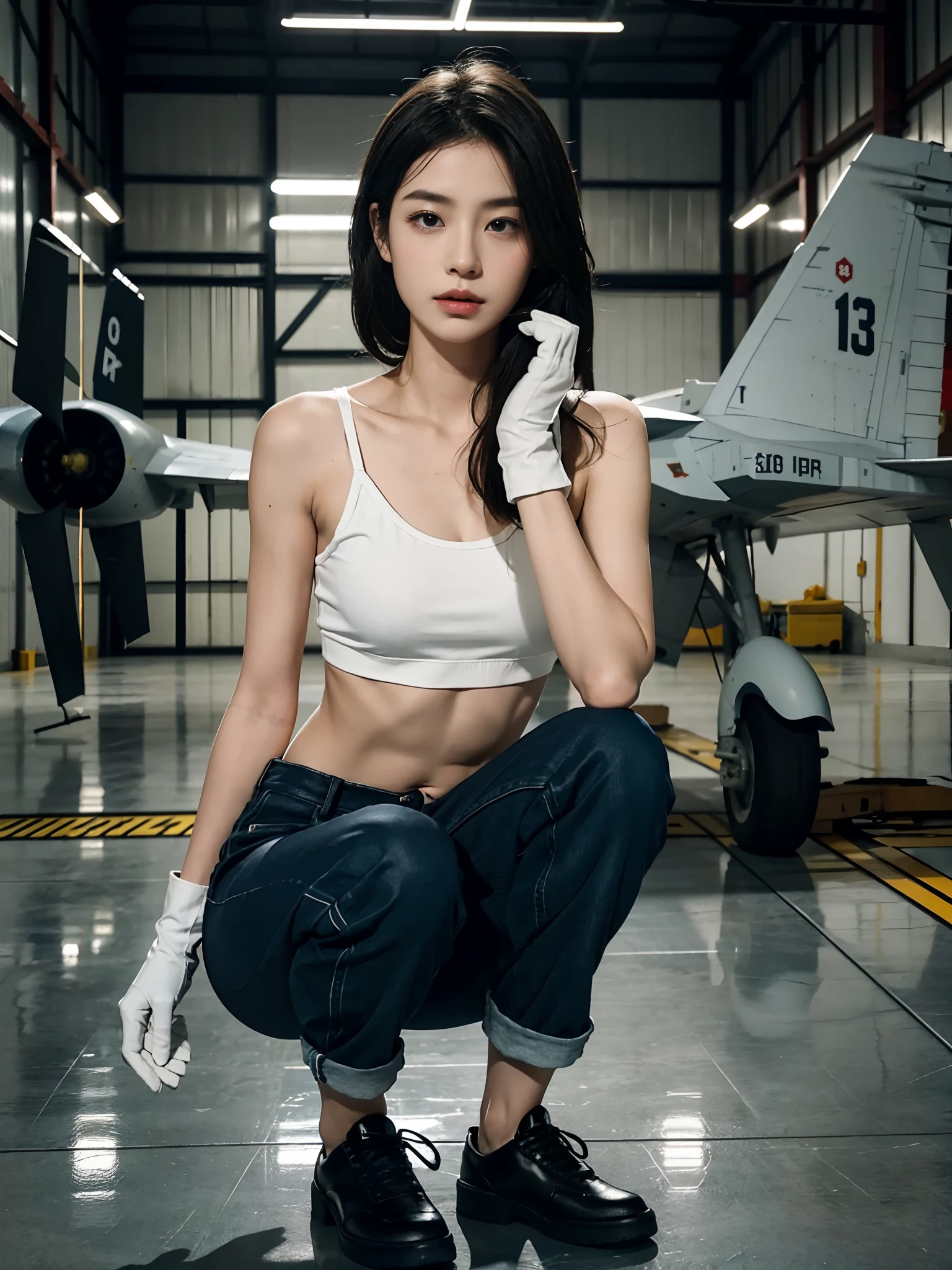 ((smallunderboob,Tomboyish,small heads)), (Well-defined abs: 1.1), (perfect bodies: 1.1), (short-length straighthair: 1.2), Black hair, upper body photos,，（极其细致的CG 8k壁纸），（Extremely refined and beautiful），（tmasterpiece），（best qualtiy：1.0），（超高分辨率：1.0），beautiful light up，Perfect lightning，realistic shaded，[A high resolution]，Smooth and flawless fair skin，ultra - detailed ，Elongated legs，flatchest，Slim，emaciated，Female repairman，In the hangar of the fighter，Spacious hangar，during night，Dim light，Huge Su-27 fighter，Under the wing of the fighter，Next to the landing gear of the fighter，Next to the tires，Squat，Wear dirty white gloves on both hands，With a large wrench in his hand，Repair work is underway，Ocean blue cloth top，Ocean blue trousers，Flat black cloth shoes