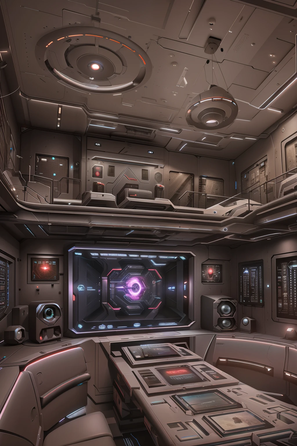 SF room with all kinds of technical equipment, surreal sci fi set design, Science - Indoor Phi, SF Nightclub, scifi room, sci-fi style, Science Fiction Digital Art, stefan koidl inspired, Futuristic Halls, Science Phi Digital Art Illustration, sci-fi style, sci - fi look, Science Fiction Digital Painting