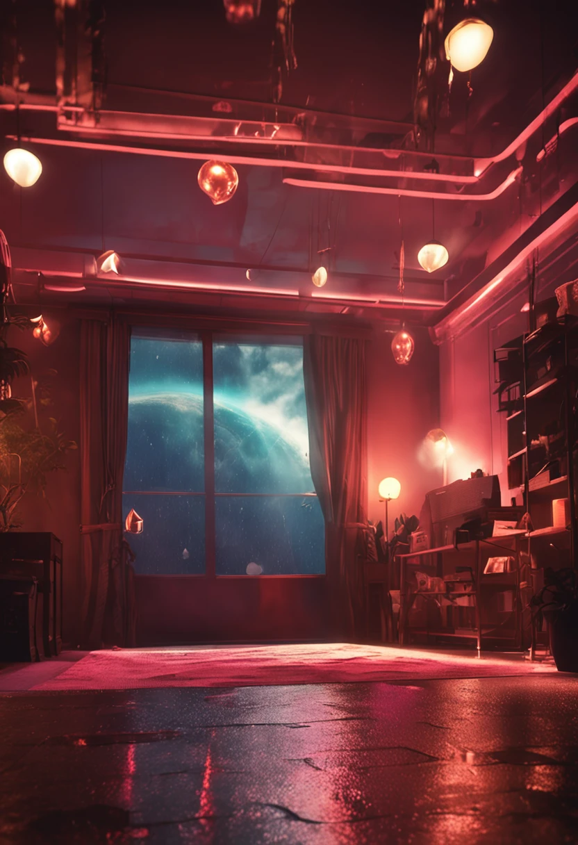 scenery at night with some lights in a room with a lot of details, in the background a window with raindrops