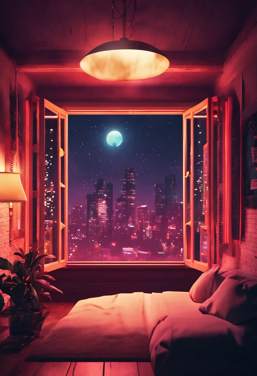 scenery at night with some lights in a room with a lot of details, in the background a window with raindrops