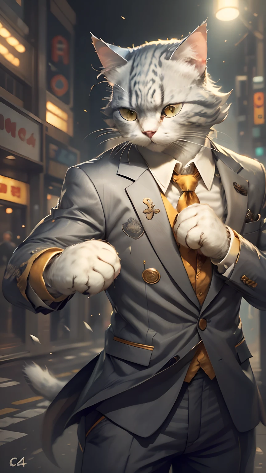 c4ttitude, Gray cat, Wearing a suit and tie, Concentrate energy, Street Fighter, Random karate poses, (intricately details), hdr, (intricately details, Super fine: 1.2), cinema shot, Centered,