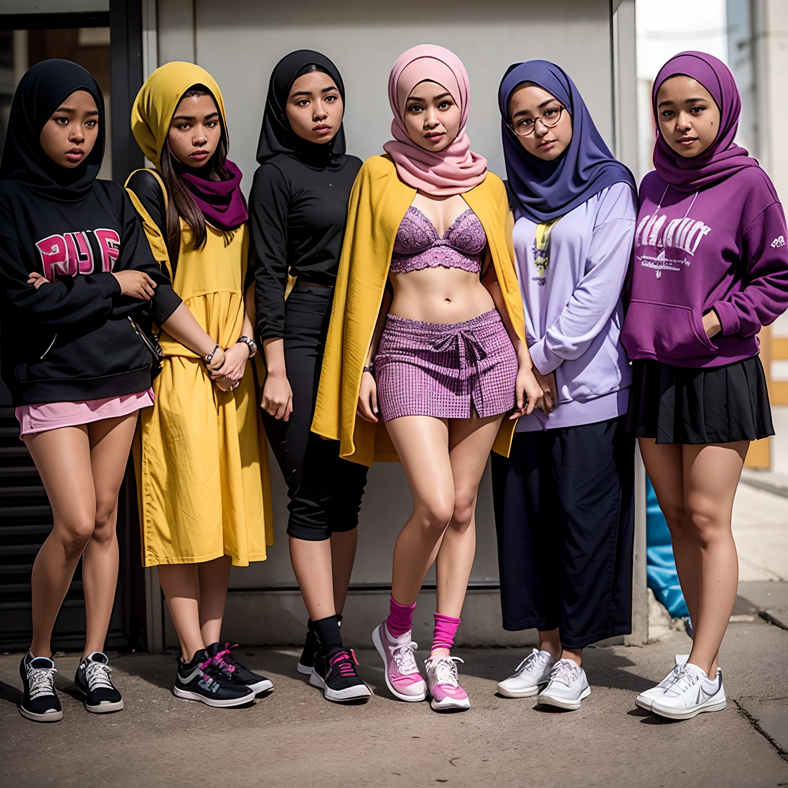 {{Teenage female, malay, group of malay bully girls, many girls}}, looking at viewer, hazel eyes, extremely detailed, lilac hijab, yellow hijab, red hijab, black hijab, pink bra, bully, mean girl, tough girl, malay schoolgirl, matching outfits, bruises, scars, happy, best quality, high quality, extremely detailed face, full body