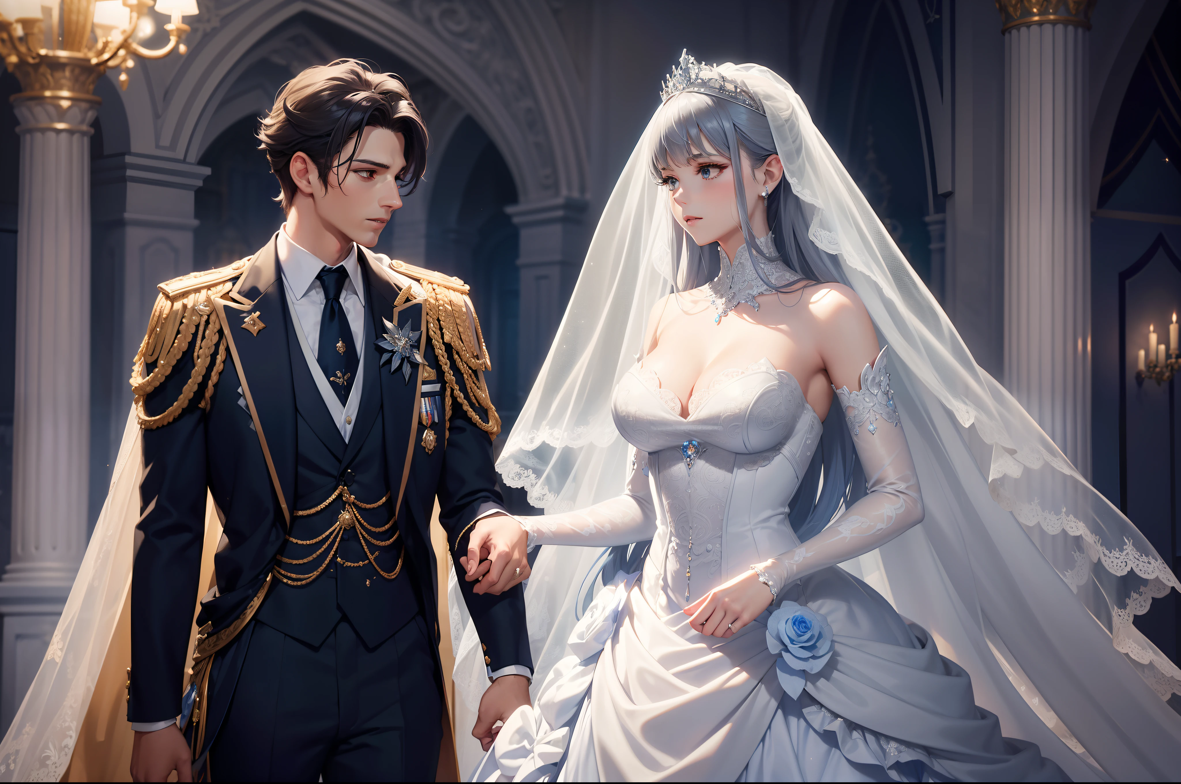 Wedding. Groom with bluish grey prince suit. Bride with Body tight wedding dress in taffeta, short lace sleeves, ruffled. Long veil. Silver and sapphire jewelry and embellishments. Silver tiara, elegant make-up. Castle as background, cinematic light, highly detailed.