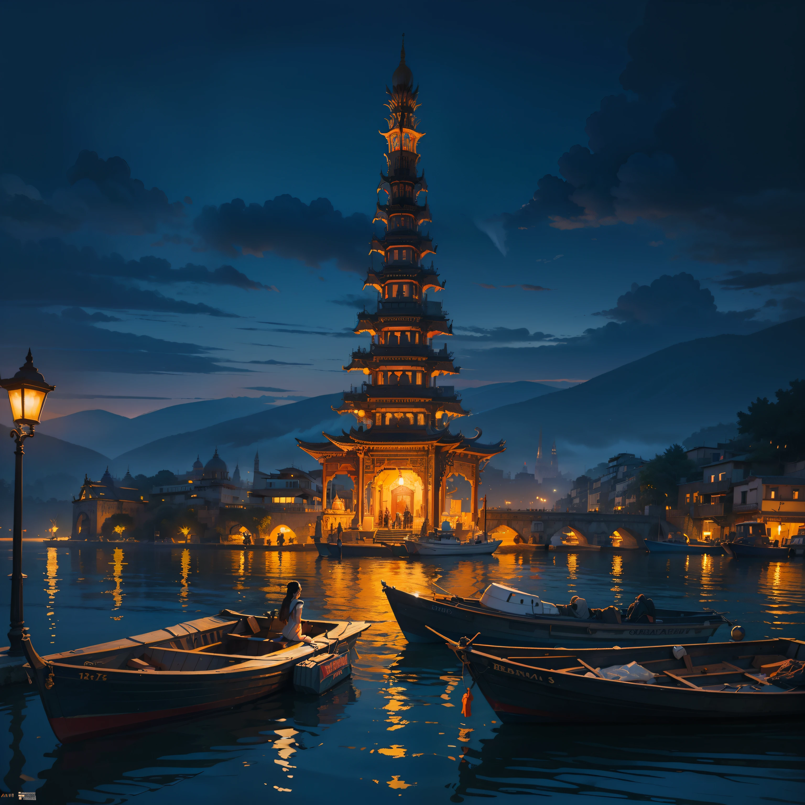 A view of City of Varnashi , ghats, temples from boat in night infographic with illustrations, by Artgerm , vibrant colours, moody lighting, digital art, winning award masterpiece, fantastically beautiful, illustration, aesthetically inspired by Artgerm, trending on artstation, 8