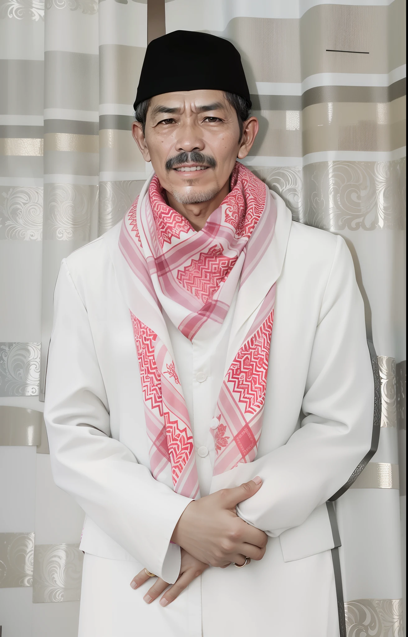 Foto seorang laki-laki, memakai jas putih dan memakai sorban bermotif merah, menggunakan peci hitam.