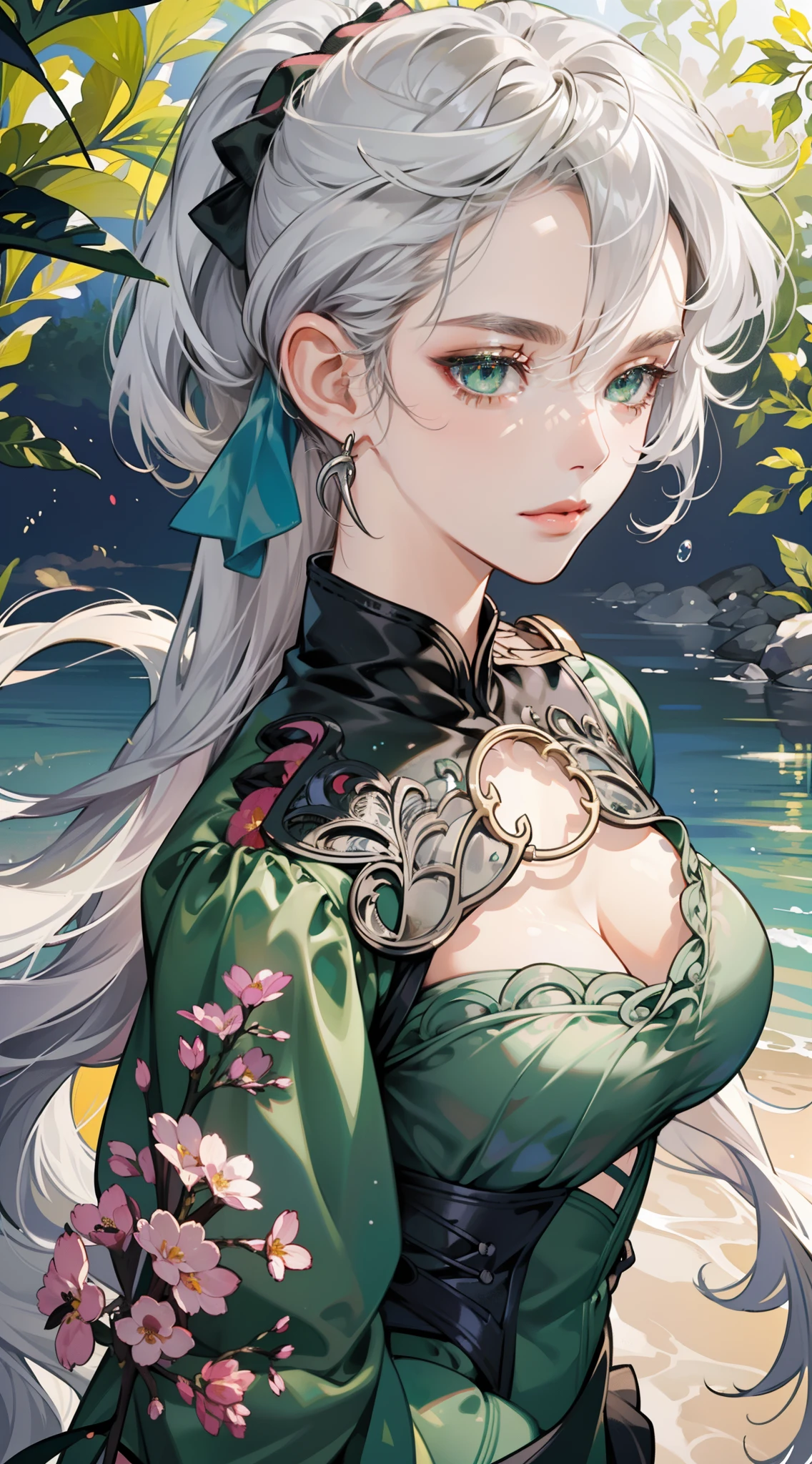 body shot, (Masterpiece), (Best Quality), (The ultra-detailed face),(Illustration), (1Girl), (Fashionable clothing), standing alluring, Fashion model, looking at viewer, facing viewer, sensual pose, (interview), (Simple background),Beautiful detailed eyes, Delicate beautiful face, Floating,(high saturation),(Colorful splash),Colorful bubbles,(glittering), body shot, miorine, light silver hair, hair rings, low ponytail, Floating flowers, (glittering), Best lighting, best shadows, Frontal shots, ((bountiful lush breast:1.2)), ((focus on breast)), close up to face and upper body, ((cleavages:1.1)), perfect body, intricate black underwear, wear white and green military uniform. beautiful smile,