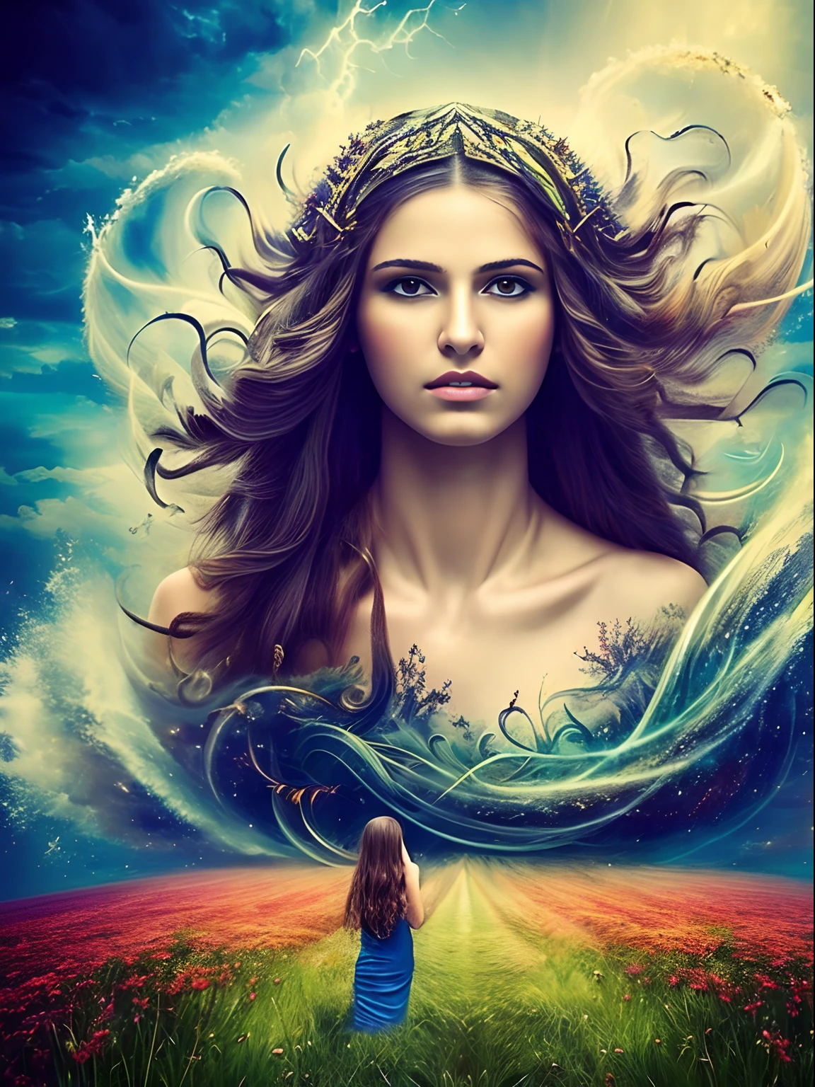 (masterpiece, best quality:1.5),fractal art, Beautiful girl about to be blown away by the wind, tornado