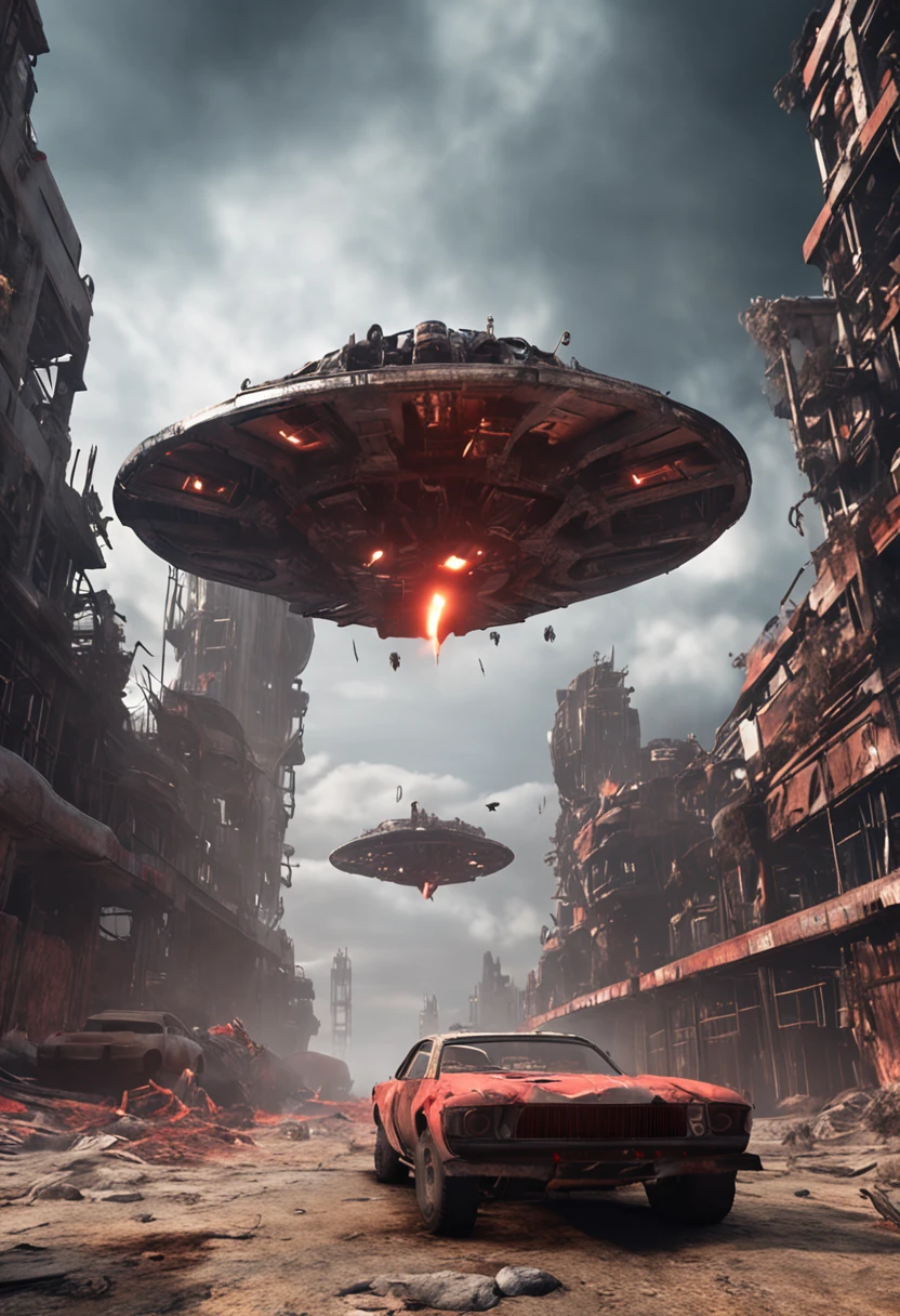 A wasteland-style spaceship, exploding in the air, black smoke from the engine, surrounded by a group of small red wasteland-style aircraft, with an abandoned ancient city in the background, towering industrial towers everywhere and some withered vegetation, storm-swept, foggy, low-saturation, cinematic, Unreal Engine, trending on artstation