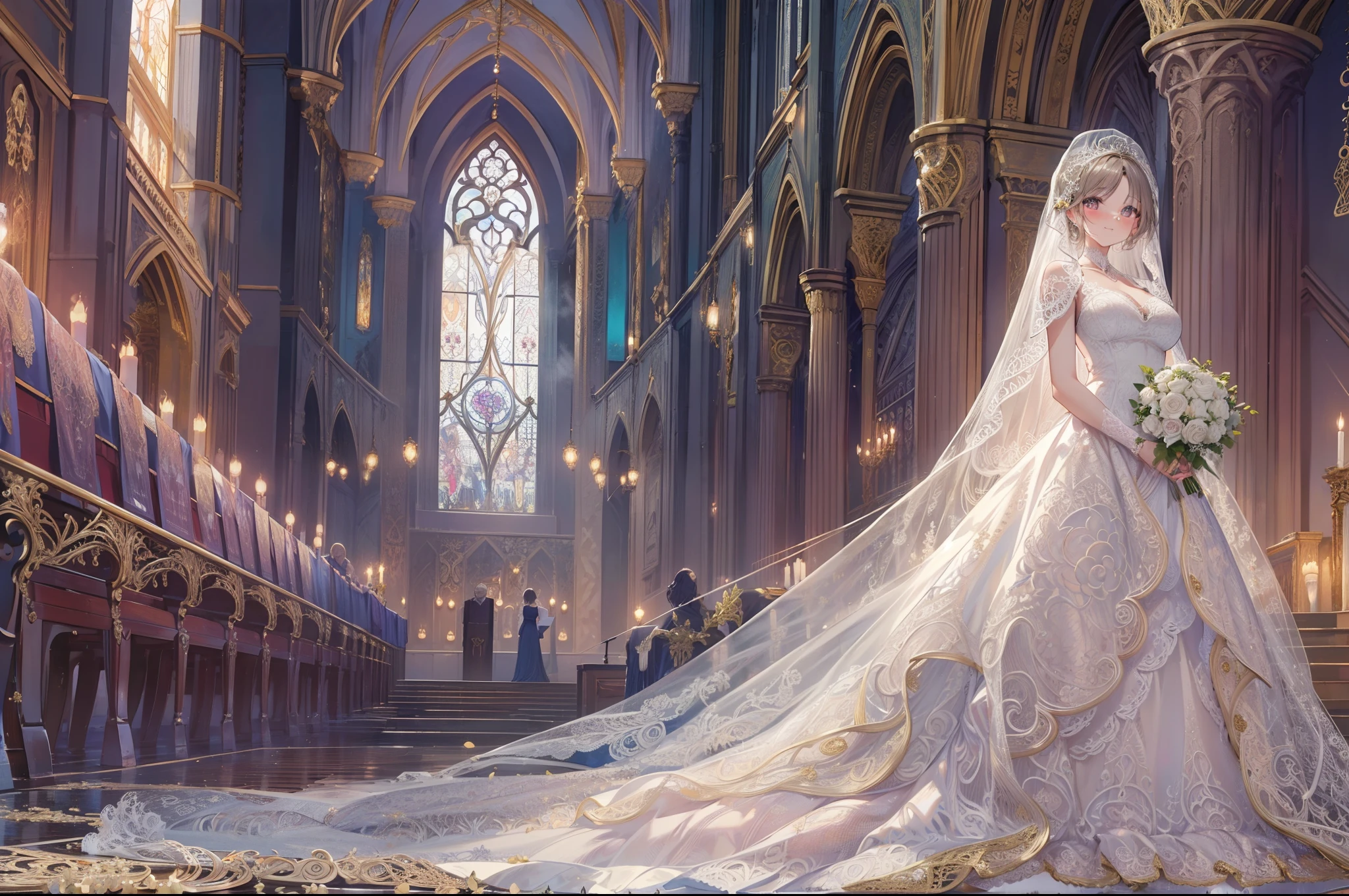 (anime artstyle:1.1),(Masterpiece),(Best Quality), (Super Detail),(Very Delicate and Beautiful:1.1),(filigree:1.8),1girl,(Wedding of a woman in a wedding dress),wedding dress,large breast,perfect hands,smiling ,blush,At the church,BRAKE,Delicate lacework, artistry fine, In threads of skill, a creation's sign, Adorned in splendor, a princess fair, With intricate beauty in every layer. Crafted by hands that weave with grace, A gown of dreams, Silken threads whisper secrets untold,light difussion,intricate detailed ,complex detailed ,extreme detailed ,colorful,highest detailed ,volumetric lighting,