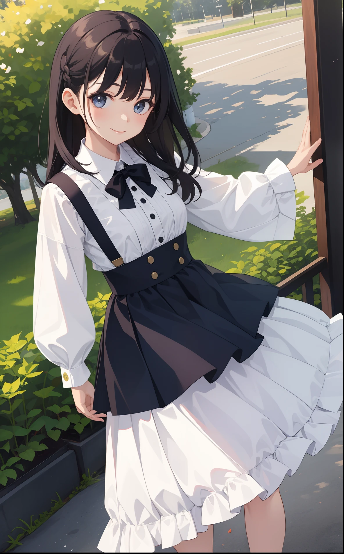 1girl in、AS-Adult、A smile、A delightful! The shirt、skirt by the、(small tits)pinafore、doress、hair adornments、(Maids)、Spring breeze、