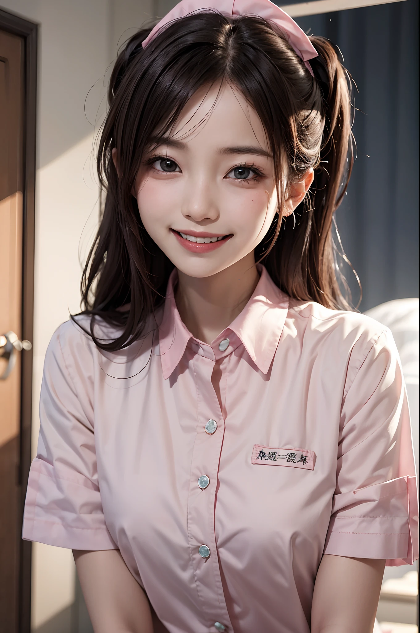 grow、A smile full of happiness,Panting Face、lack、After being attacked、Tattered pink nurse uniform、full of sweat、Expressions in a state of excitement、