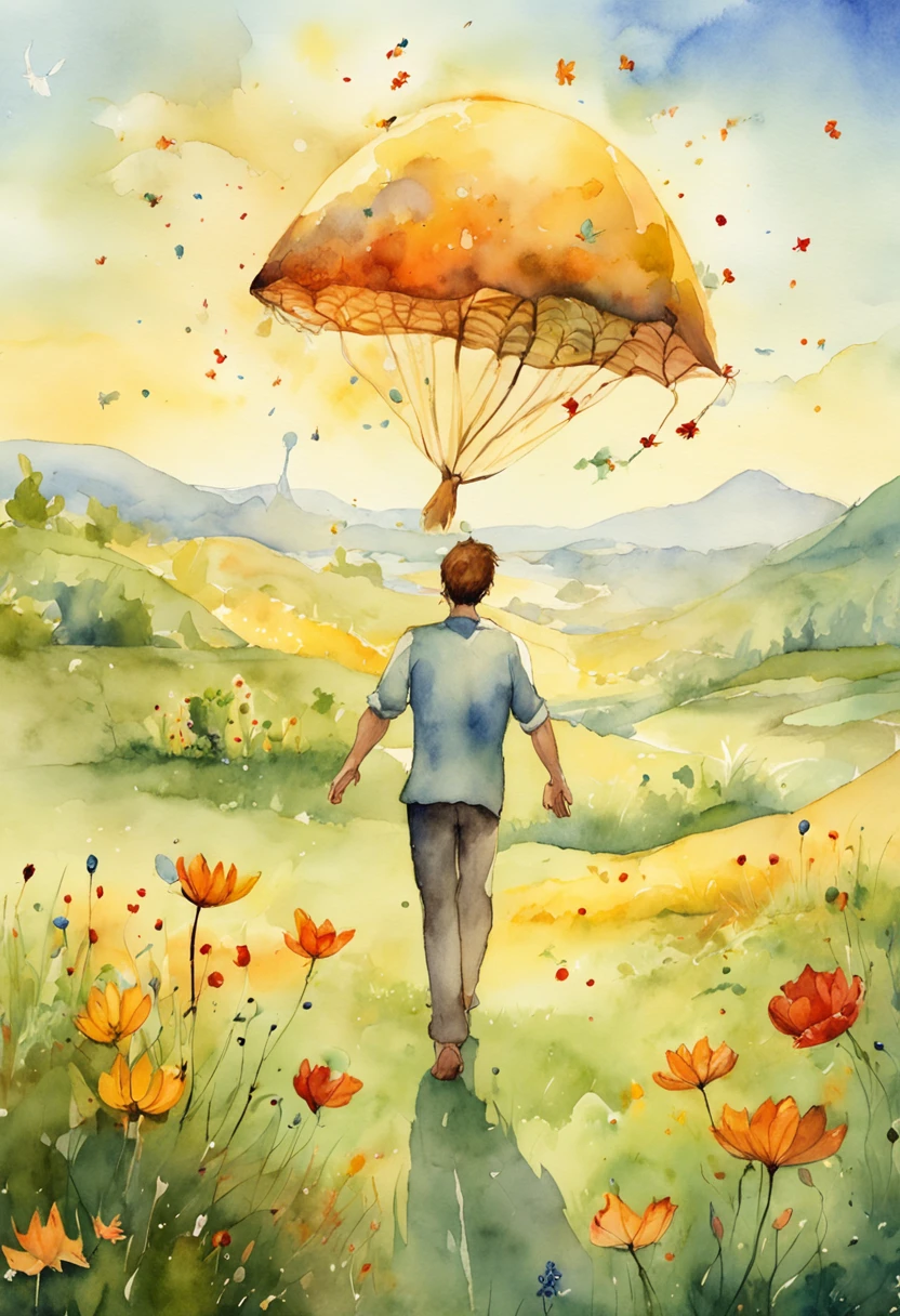 A man stands on a sun-drenched meadow, The outstretched hand is like a small hand, Ethereal creatures made of dreamy materials flutter around them, Eagerly accept the food offering.