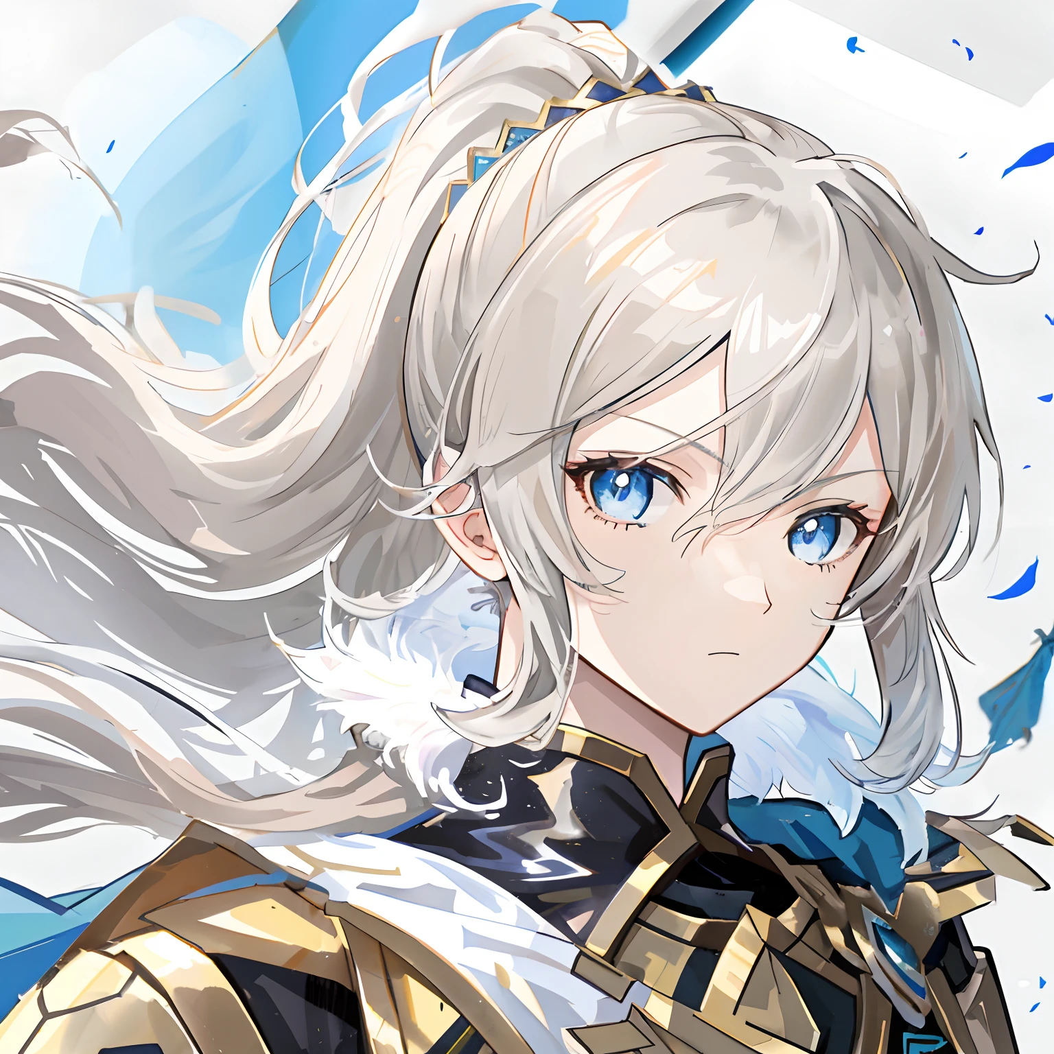 There is a flying blue battle flag behind the character,Shining blue