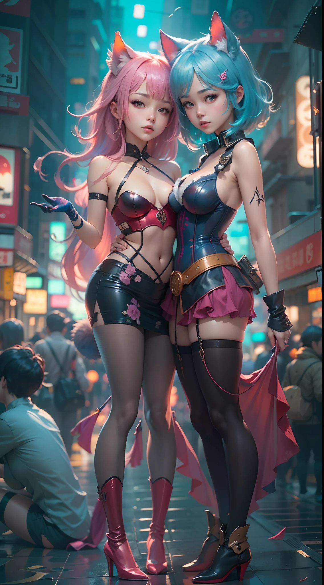 anime - style image of two women with pink and blue hair smal booty dressed in red and blue corset,  pose in Akihabara at night for a foto shooting, wlop and sakimichan, attractive cat girl, artwork in the style of guweiz, fantasy art style, 2. 5 d cgi anime fantasy artwork, fanart best artstation, by Yang J, trending on cgstation, wlop and ross tran, guweiz