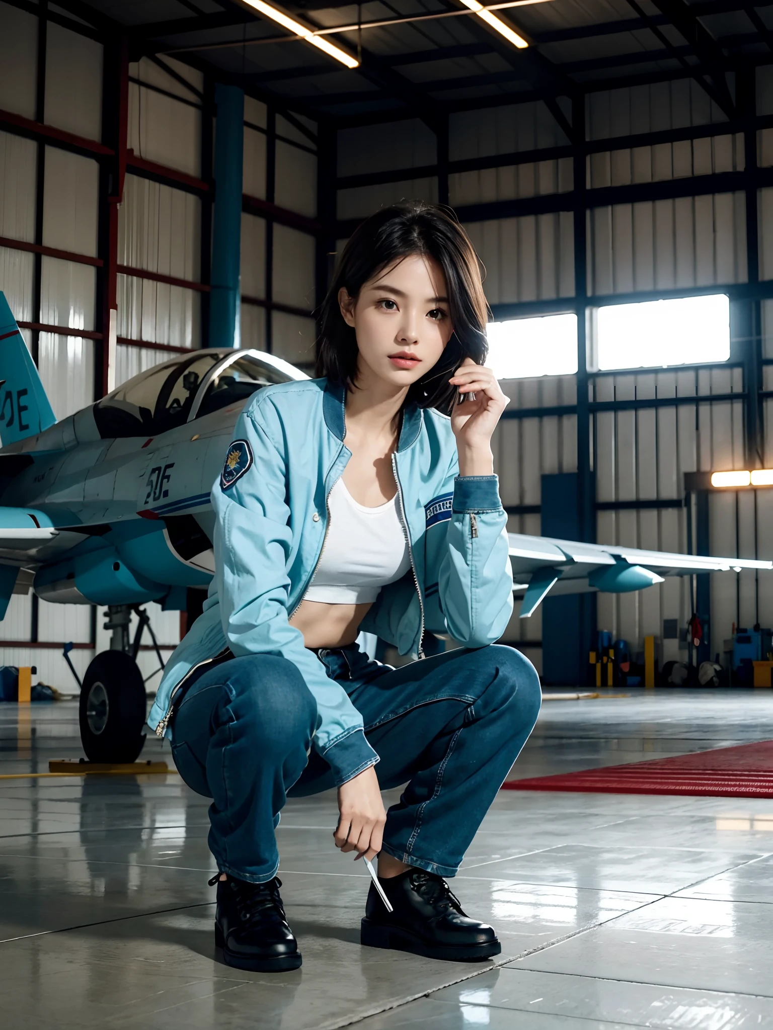 ((smallunderboob,Tomboyish,small heads)), (Well-defined abs: 1.1), (perfect bodies: 1.1), (short-length straighthair: 1.2), Black hair, upper body photos,，（极其细致的CG 8k壁纸），（Extremely refined and beautiful），（tmasterpiece），（best qualtiy：1.0），（超高分辨率：1.0），beautiful light up，Perfect lightning，realistic shaded，[A high resolution]，Smooth and flawless fair skin，ultra - detailed ，Elongated legs，flatchest，Slim，emaciated，Female repairman，In the hangar of the fighter，Spacious hangar，during night，Dim light，Huge Su-27 fighter，Under the wing of the fighter，Next to the landing gear of the fighter，Next to the tires，Squat，Wear dirty white gloves on both hands，With a large wrench in his hand，Repair work is underway，Ocean blue cloth jacket，Ocean blue trousers，Flat black cloth shoes