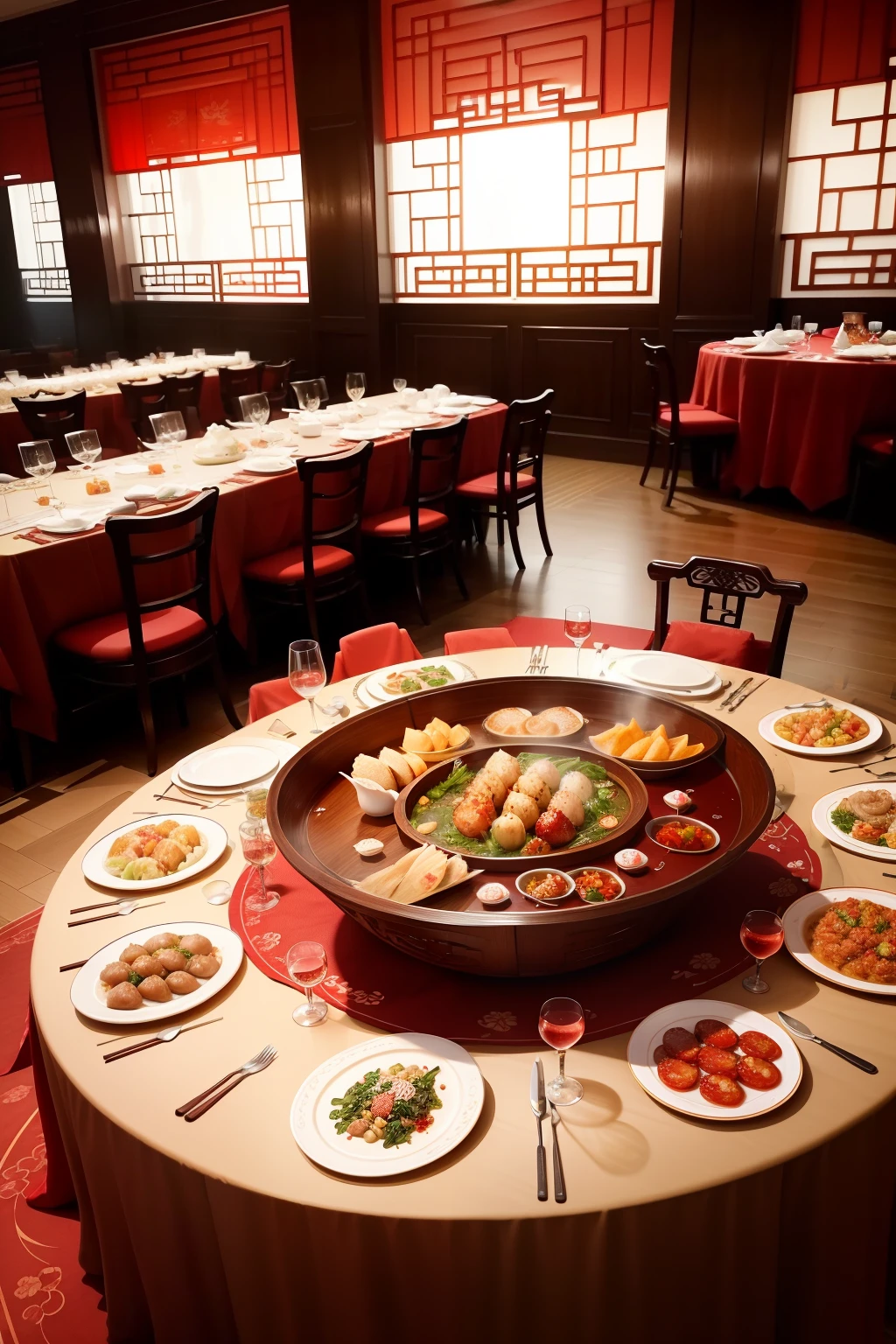 The theme is banquet table and large Chinese round table,The red tablecloth is full of delicacies,The dishes that overlap and come together are very hearty,There is seafood, Roast duck, fry,It was a grand Chinese wedding banquet,There are many guests around