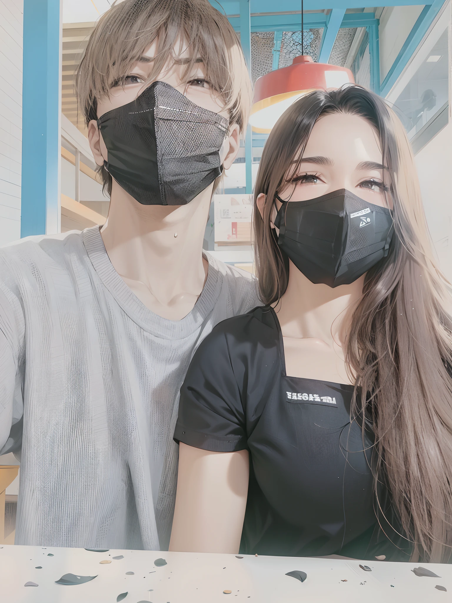 there are two people wearing masks sitting at a table, wearing all black mempo mask, wearing mask, wearing facemask, mask, couple, one single mask, with black, wearing a mask, some of them use gask mask, from 8 k matte, people are wearing masks, black facemask, facemask, # oc, #oc, masks