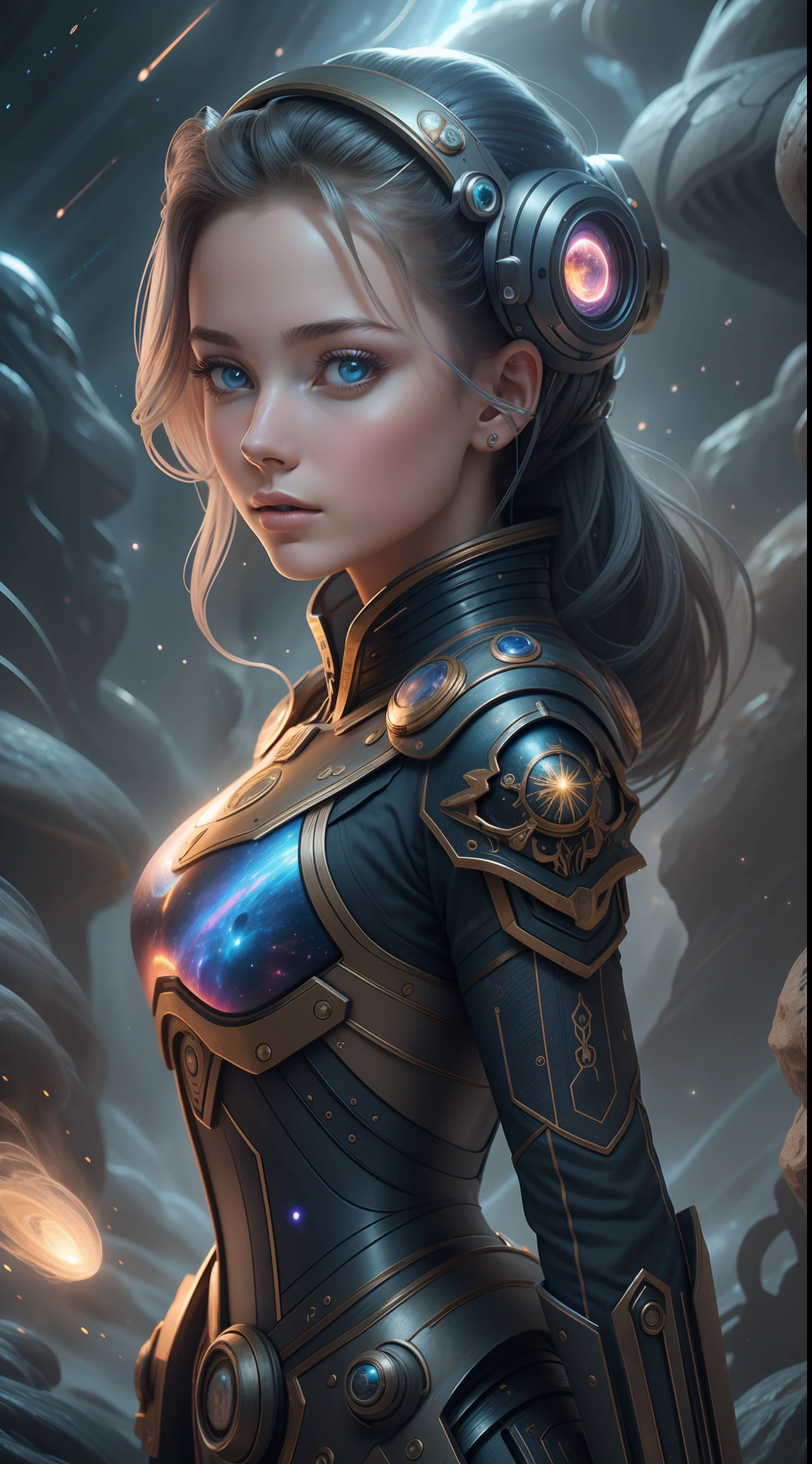 beste-Qualit, tmasterpiece, Detail,
Portrait Of Girl, on alien planet, Alien sky background, galaxies, Stars, planets, splash, Light, Magic, slap, Bright, Cinematic, System Unit, Smoke, artillery, sparks, stands, sparkles, filigree, diffused lighting, surreal, Fantasy, insanely detailed, Clear vision, Full HD, 16k