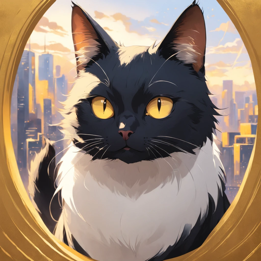 Cats in art, tuxedo cat, Black and white cat, Cute furry, staring right into camera, Narrow eye grooming、leisure, Golden yellow background,Artistic sense,复杂,Warm style,Abstract cat,Playful,Elegant work,Coating texture,Smooth paint,Fabric texture,Beautiful lines,Natural curves,Refined silhouette,Elegant styling, Visit,Expressing the,Aesthetic