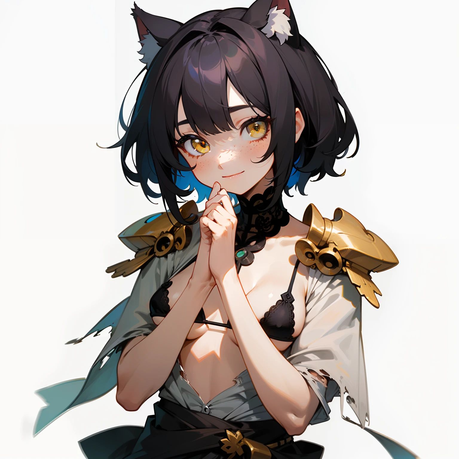 ((master masterpiece))、(((topquality))、illustartion、one girls、Hair color: black、Bangs、hairstyle fax、Eye、Scene of Environmental Change、Portrait from the waist up、Out of Jitai、Ladies、cat ear、black shoulder-length short hair、grey skin,with gold-colored eyes all over the eye socket, cat tonic pupils,shoulder-length hair、freckles,Very small breast size、microbikini、Slingshot pants、Underwear with lace embellishments、Upright posture、Torn clothes、Face Smilling、Accentuate your chest with your hands、(simple background、whitebackground:1.3)